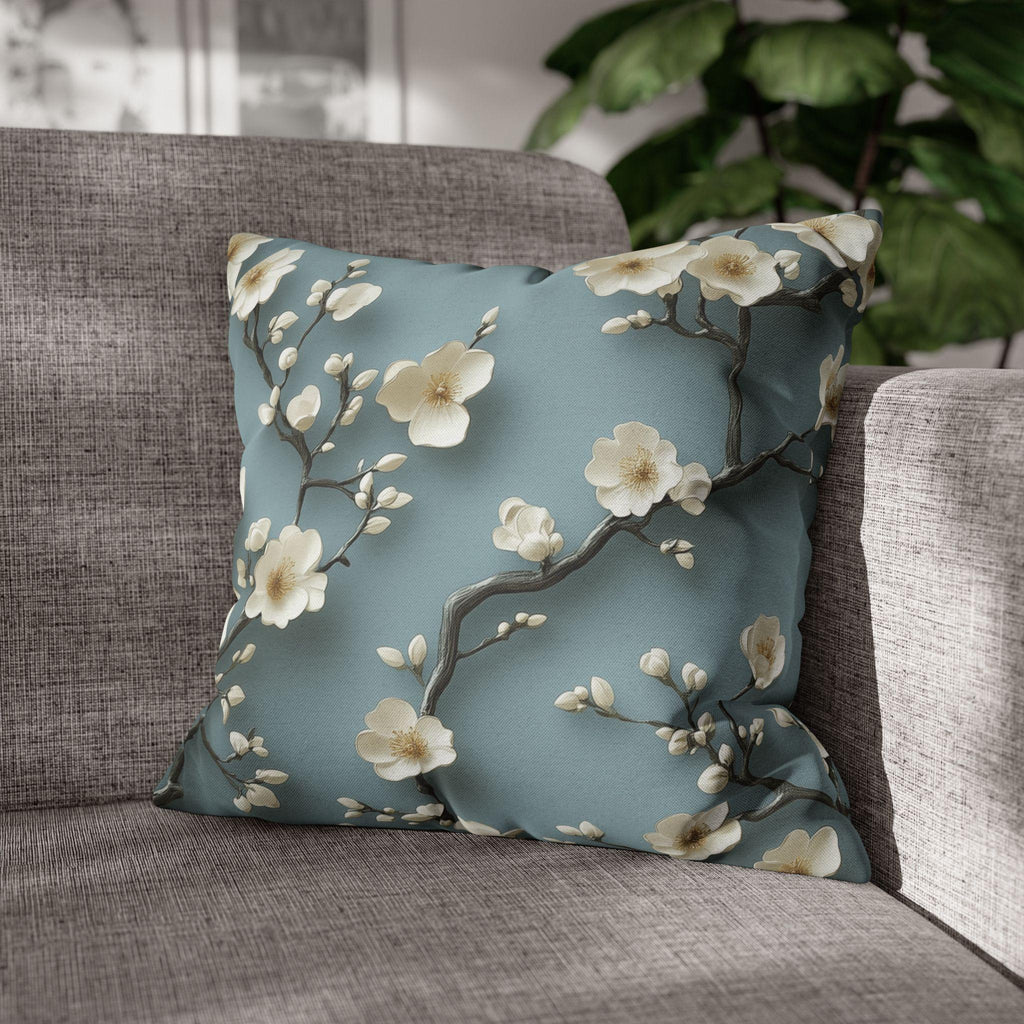 Elegant Chinoiserie Pillowcase: Blue-Teal Gradient Cherry Blossom Design for Home Decor