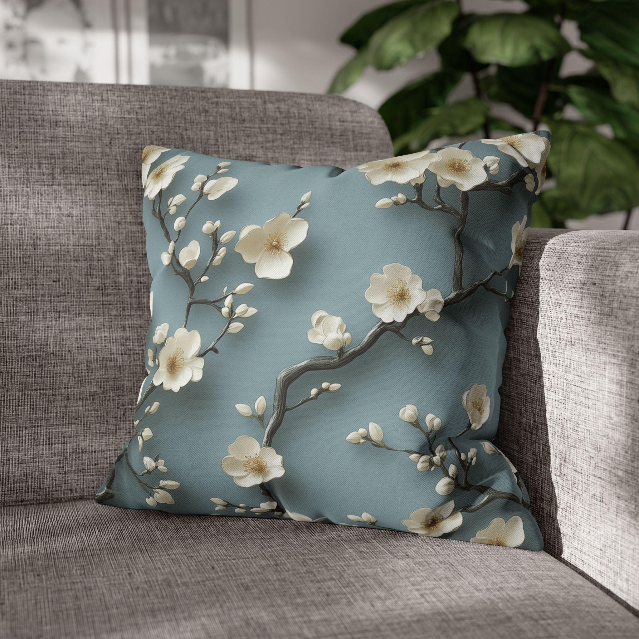 Elegant Chinoiserie Pillowcase: Blue-Teal Gradient Cherry Blossom Design for Home Decor
