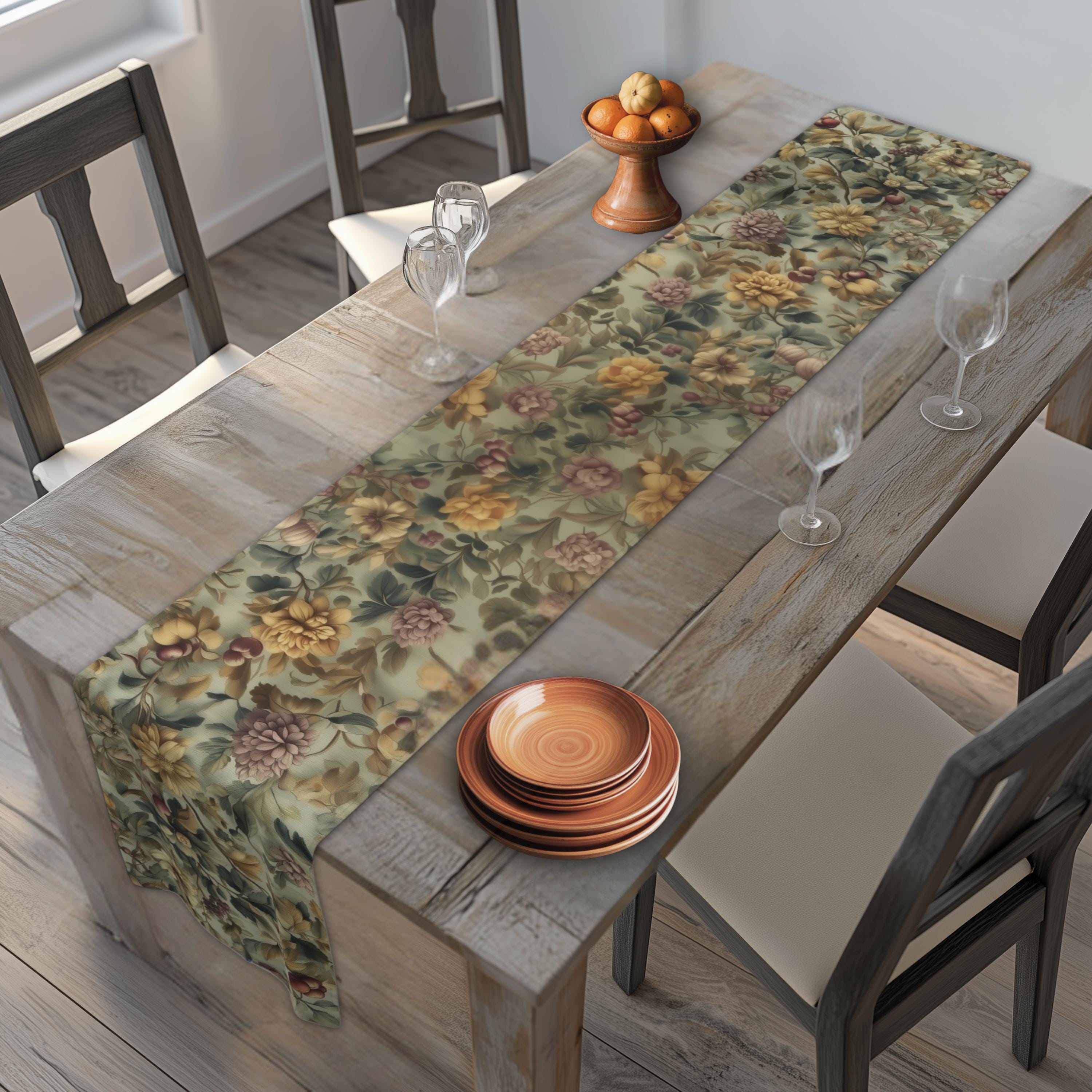 William Morris Inspired Botanical Table Runner: Sage, Wine & Wheat Hue