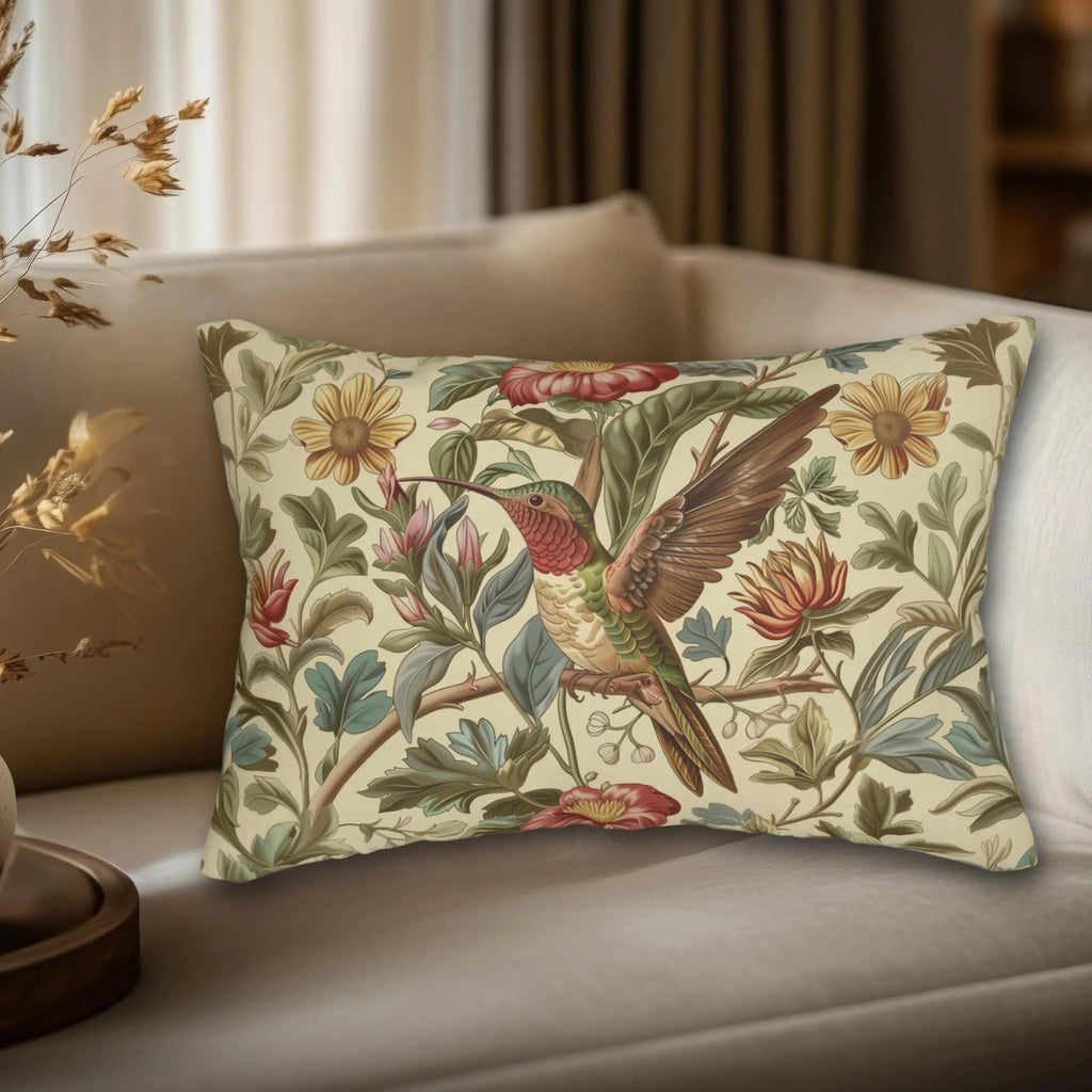 William Morris Hummingbird Lumbar Pillow: Vintage Style Botanical Bird Floral Accent