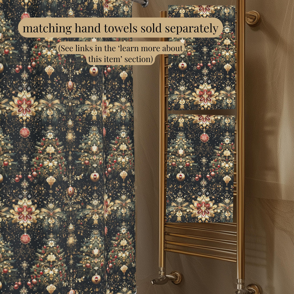 Luxe Christmas Tree Fabric Shower Curtain: Gold, Red & Green Holiday Decor
