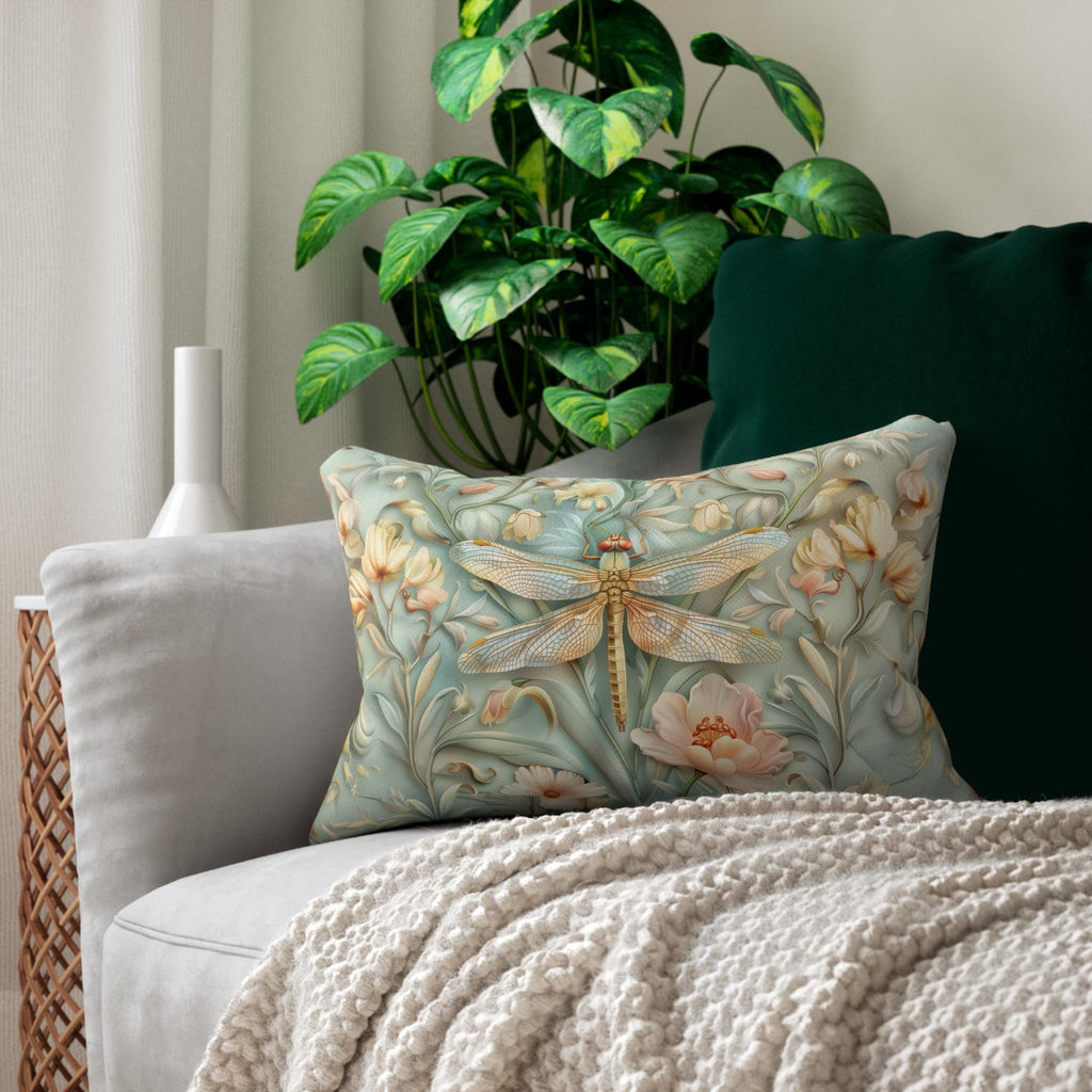William Morris Inspired Dragonfly Lumbar Pillow: Blue, Gold & Pink Nature Design