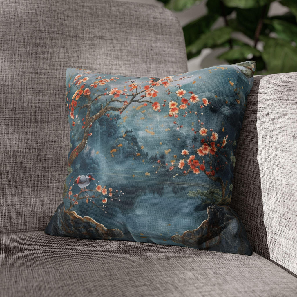 Chinoiserie Watercolor Pillow Cover: Misty Mountain Landscape with Blossoms and Bird Scene