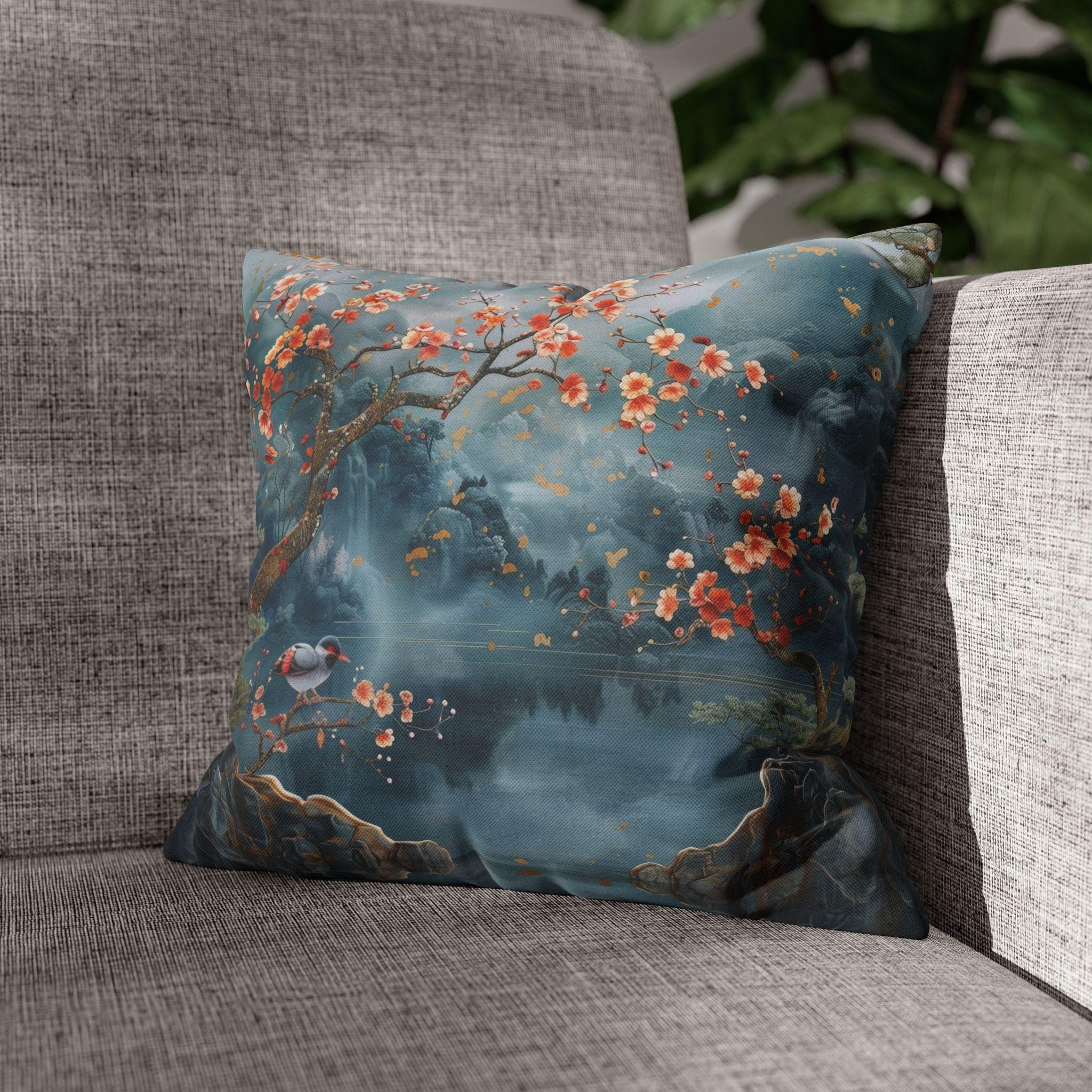 Chinoiserie Watercolor Pillow Cover: Misty Mountain Landscape with Blossoms and Bird Scene