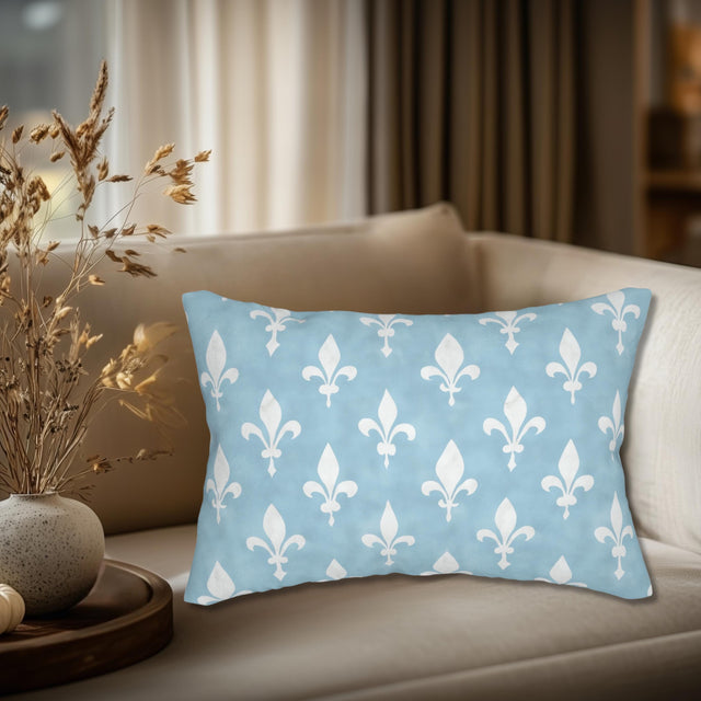 Blue and White Fleur de Lis Lumbar Pillow: French Cottage Style Decor
