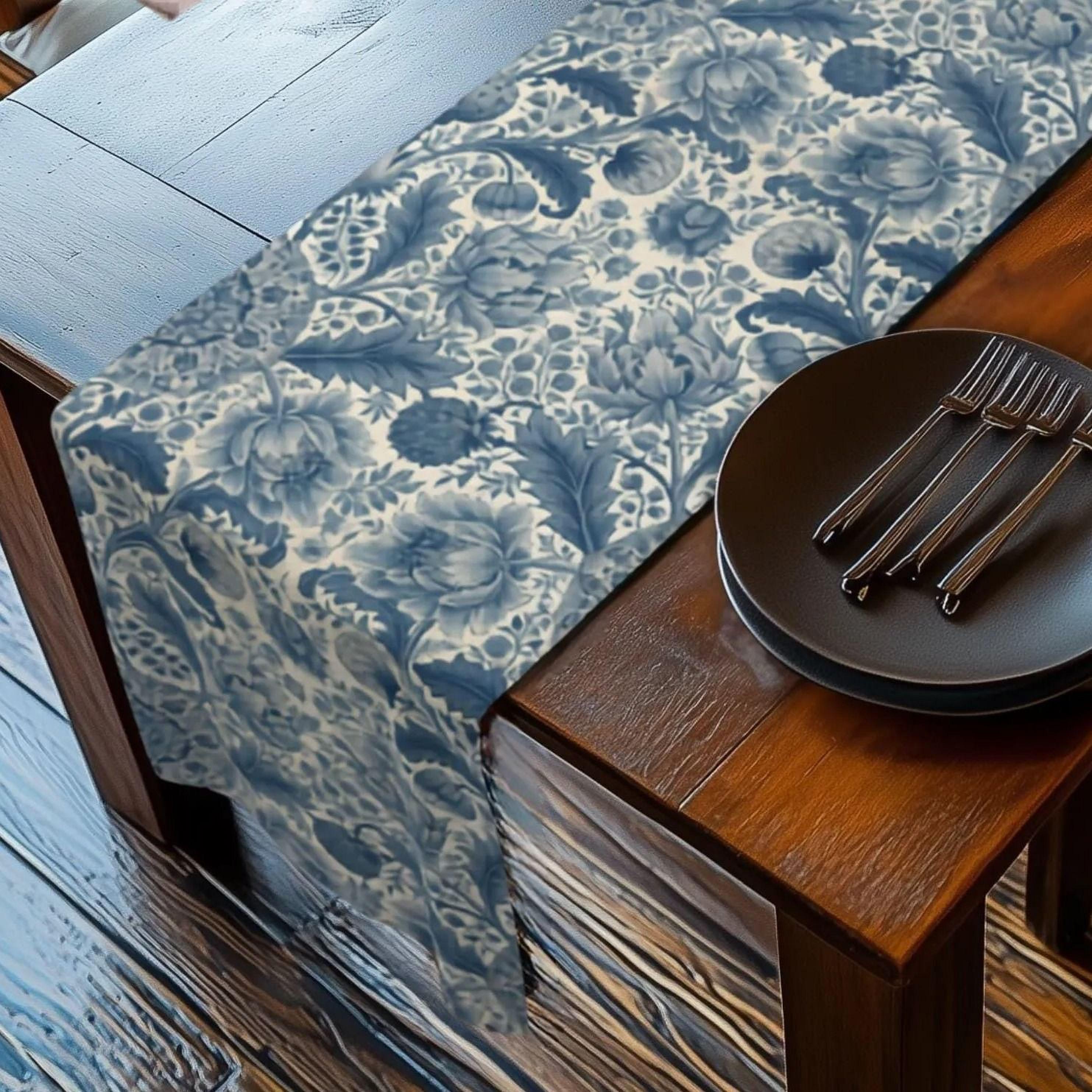 Botanical Toile Table Runner: Blue and Cream Vintage Style French Country Decor