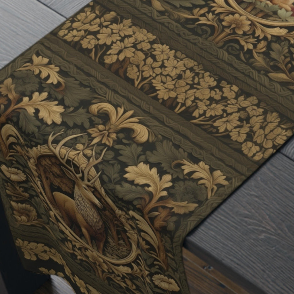 William Morris Inspired Noble Stag Table Runner: with Doe and Fawn Woodland Design