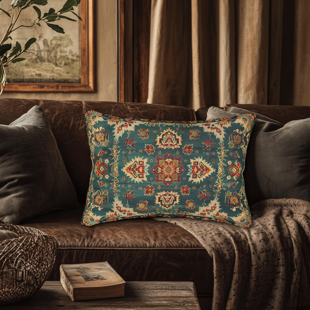 Turkish Rug-Inspired Lumbar Throw Pillow Traditional  Rich Medallion Pattern Deep Teal and Warm Red Square Cushion Cover