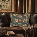 Turkish Rug-Inspired Lumbar Throw Pillow Traditional  Rich Medallion Pattern Deep Teal and Warm Red Square Cushion Cover