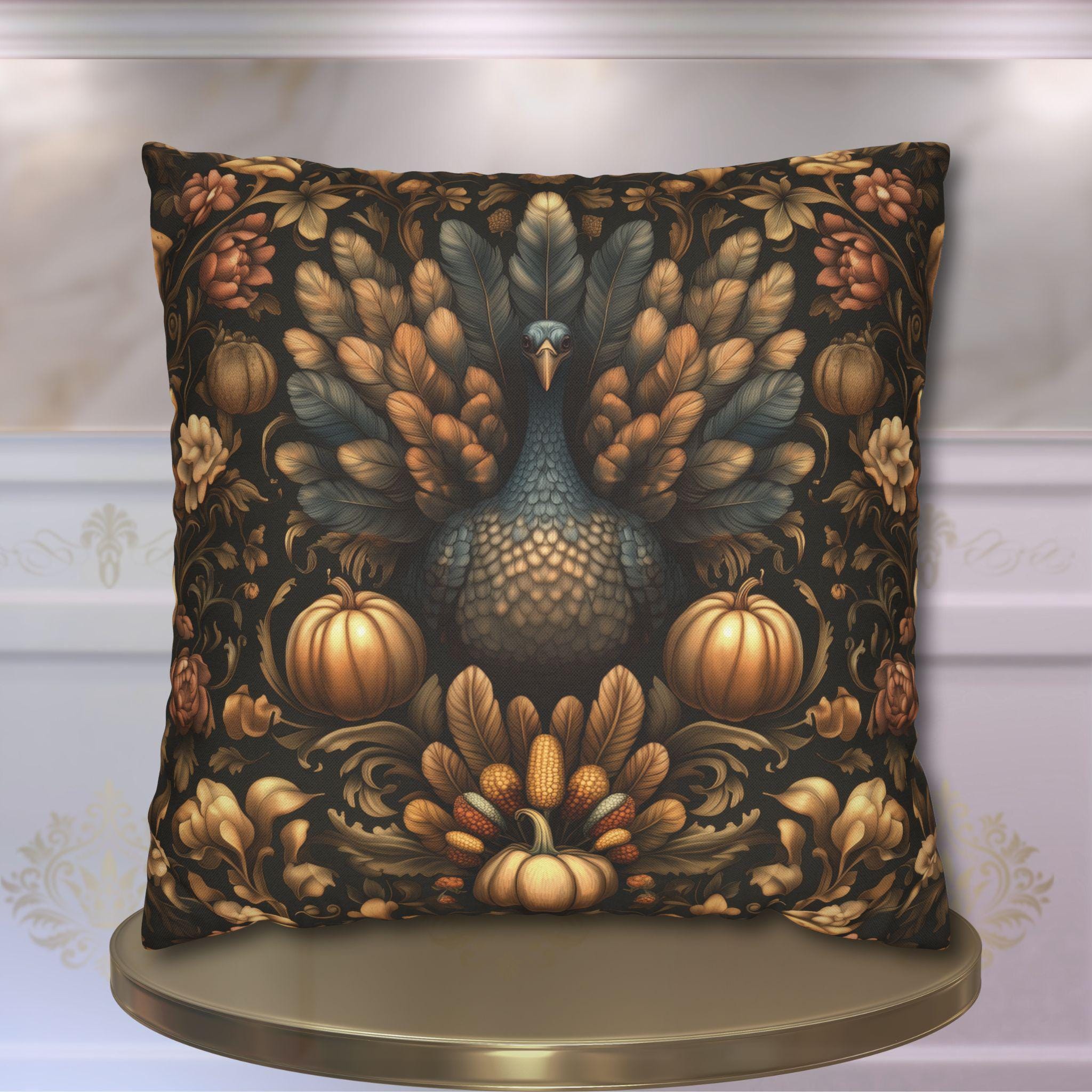 Fall Harvest Turkey Pillow Cover:  William Morris Inspired Botanical Autumn Accent