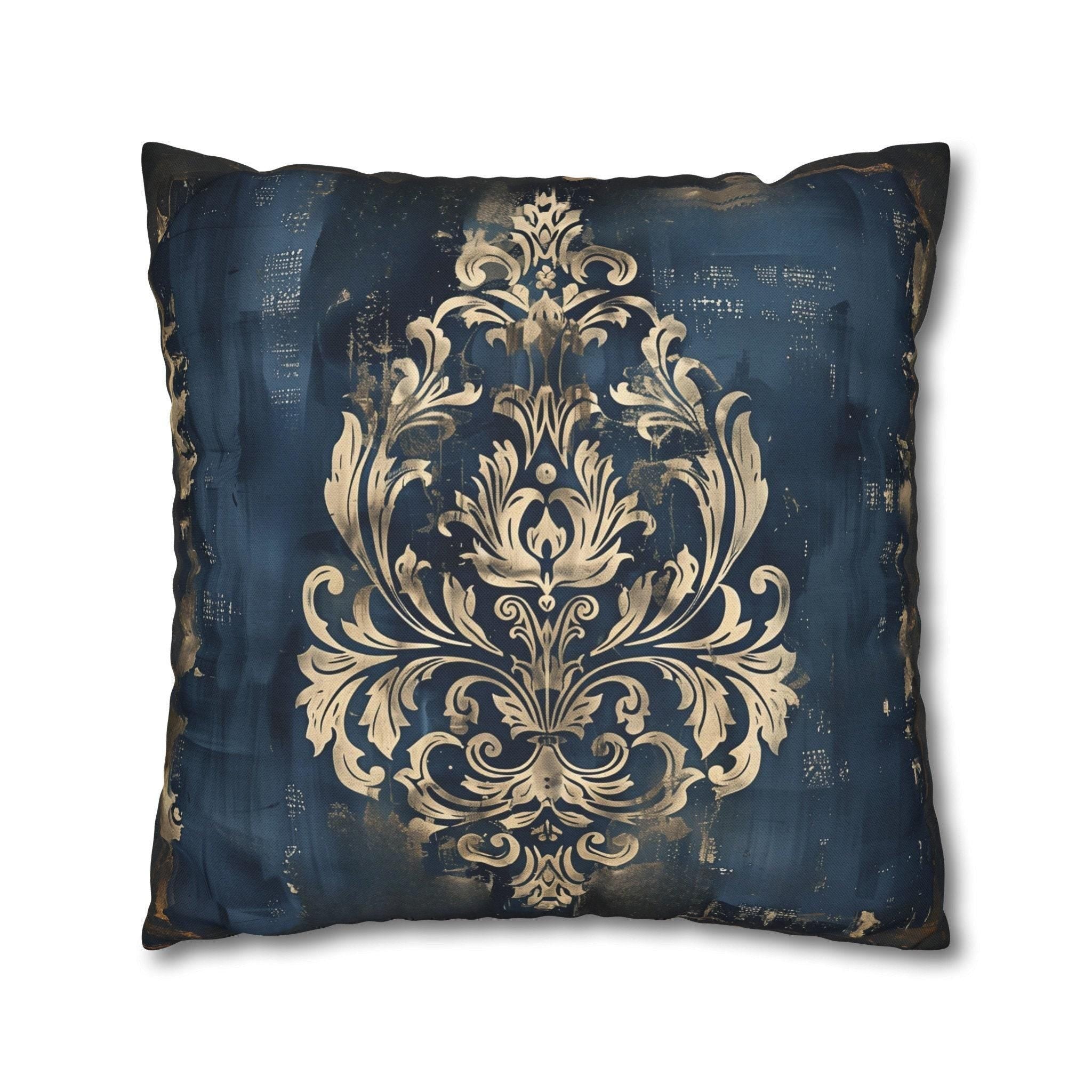 Navy Blue Damask Throw Pillow Cover: Vintage Style Gold Accent