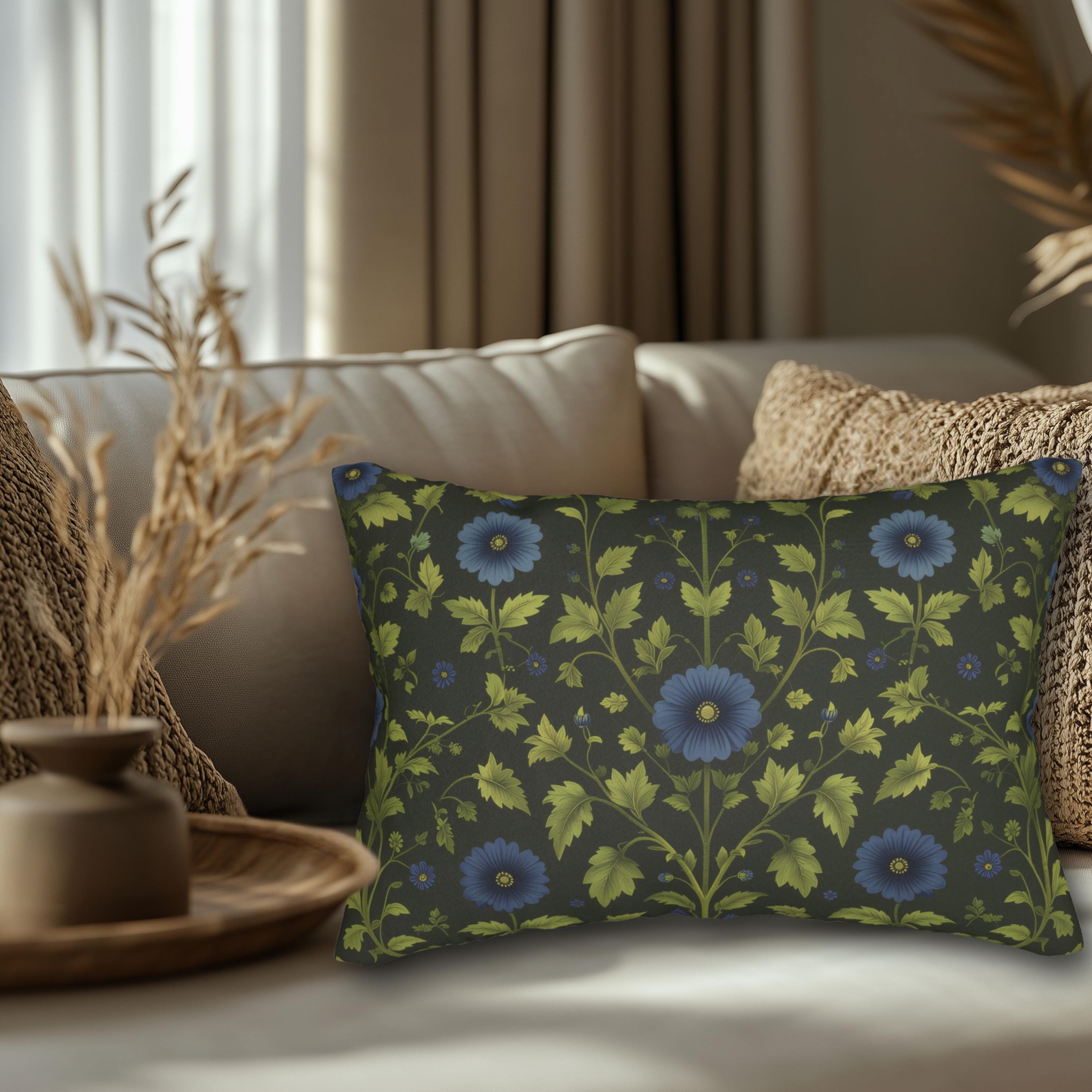 William Morris Botanical Lumbar Pillow: Vintage Inspired Floral Cottage Decor