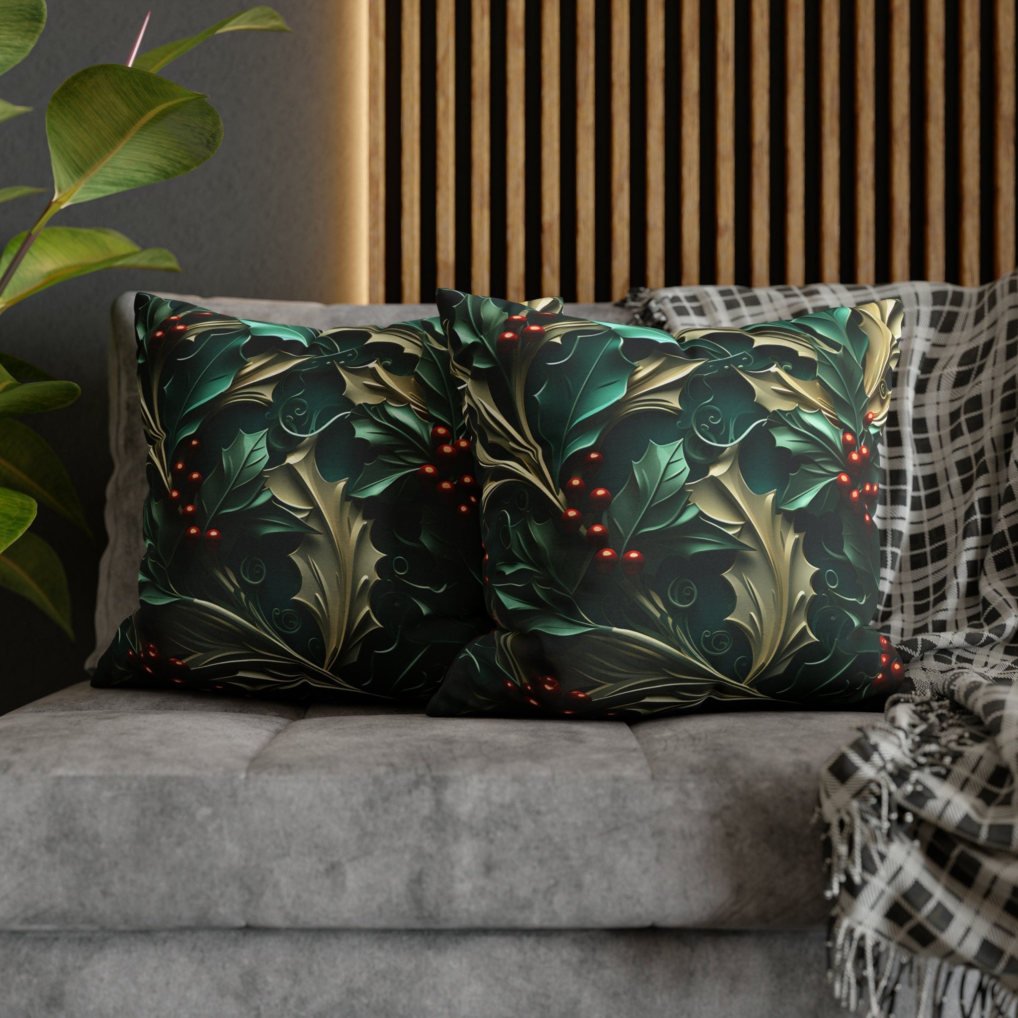 Holly Berry Christmas Pillow Cover: Deep Green & Red Holiday Decor