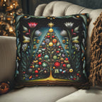 Jewel Tone Christmas Pillow Cover: Decorated Botanical Tree with Bright Ornaments and Florals