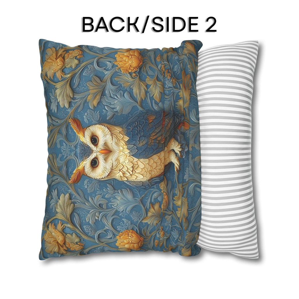 William Morris Style Throw Pillow Cover: Blue and Gold Owl Design