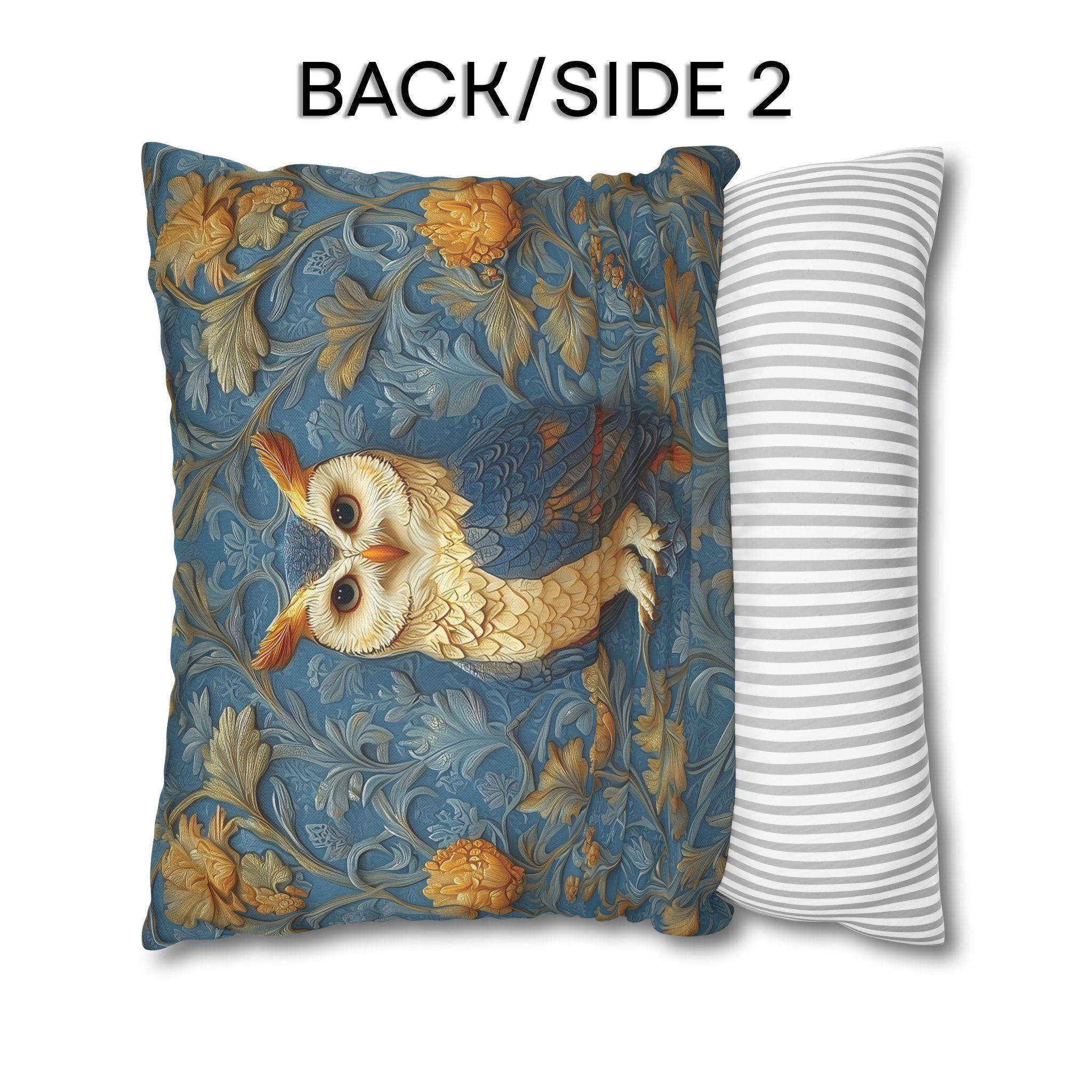 William Morris Style Throw Pillow Cover: Blue and Gold Owl Design