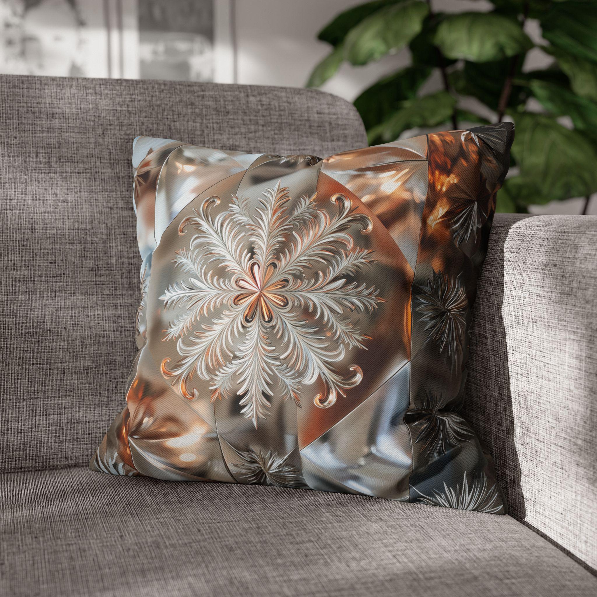 Snowflake Luxury Pillow Cover, Holiday Inspired Winter Charm, Silver Bronze Champagne Tones Square Pillowcase