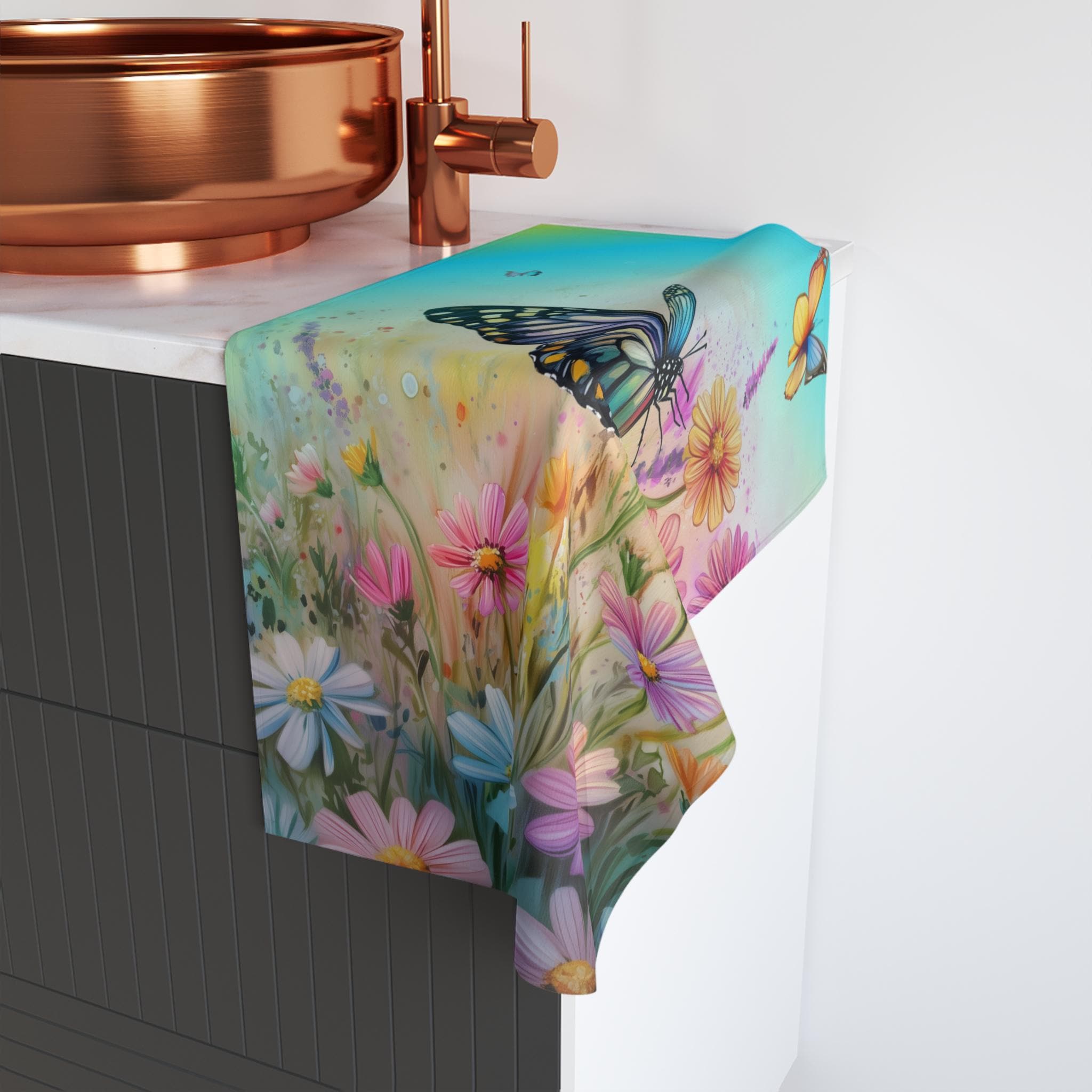 Colorful Butterfly Garden Hand Towel: Floral Design with 3 Background Options