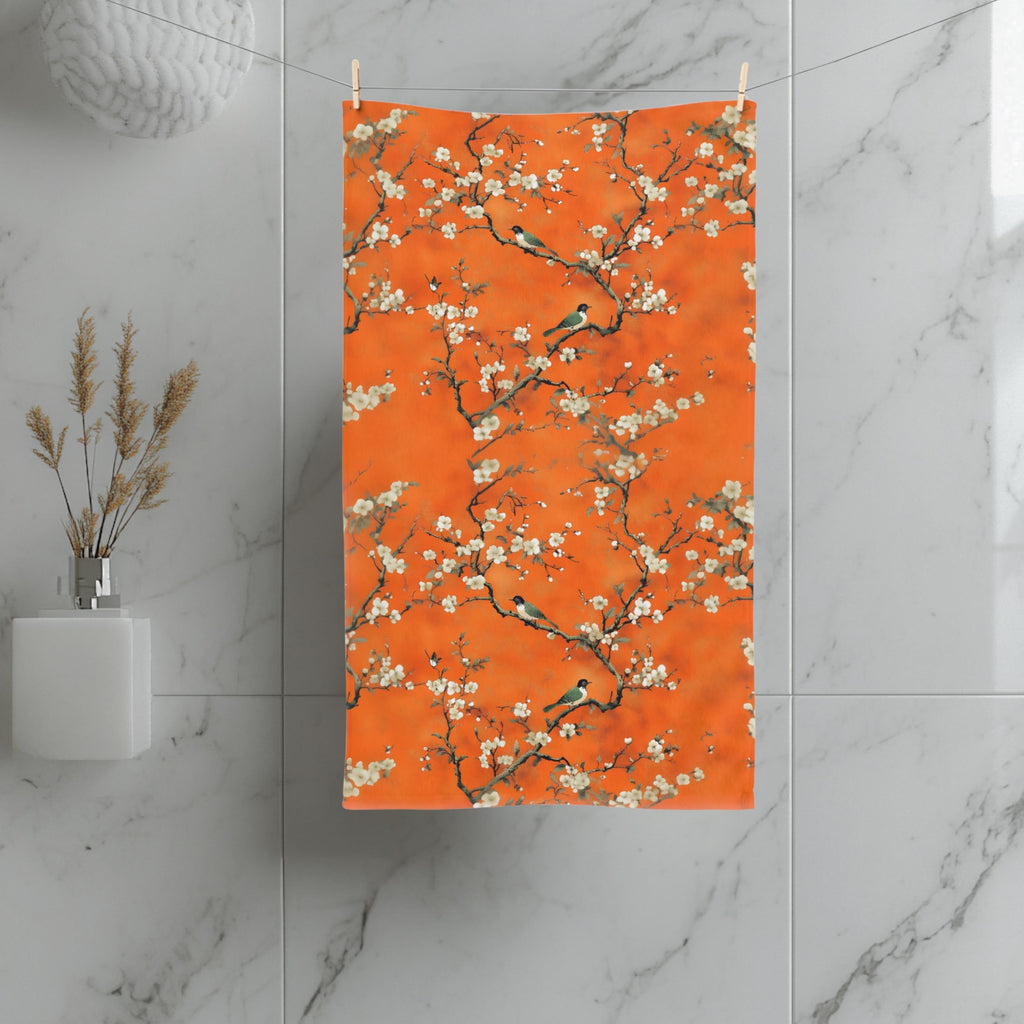 Chinoiserie Hand Towel: Burnt Orange with Blossoms and Birds for Asian-Inspired Decor