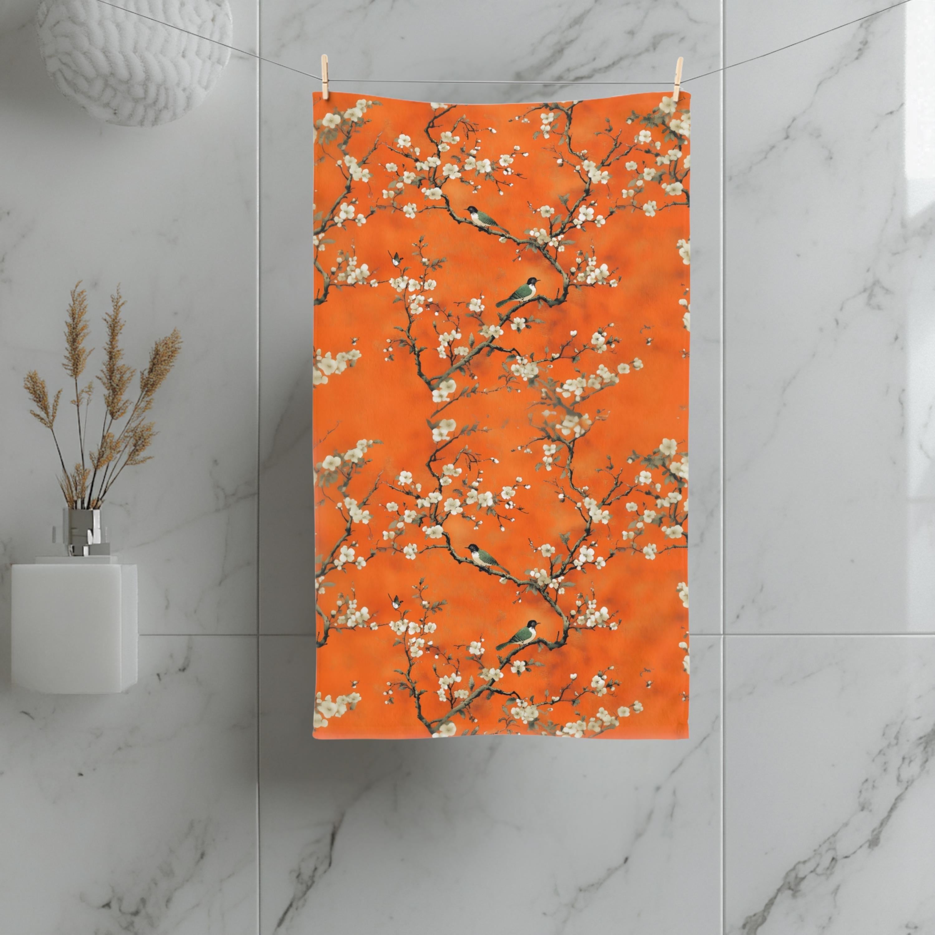 Chinoiserie Hand Towel: Burnt Orange with Blossoms and Birds for Asian-Inspired Decor