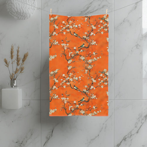 Chinoiserie Hand Towel: Burnt Orange with Blossoms and Birds for Asian-Inspired Decor