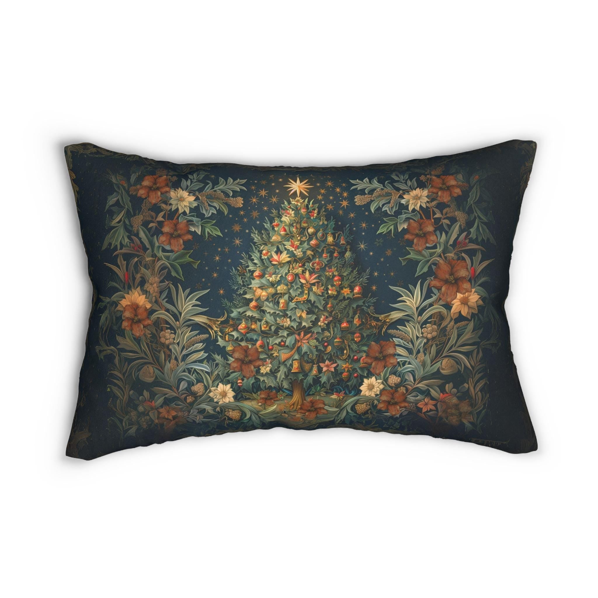 William Morris Inspired Elegant Christmas Tree Lumbar Pillow - Festive Holiday Decor Gift for Enthusiasts