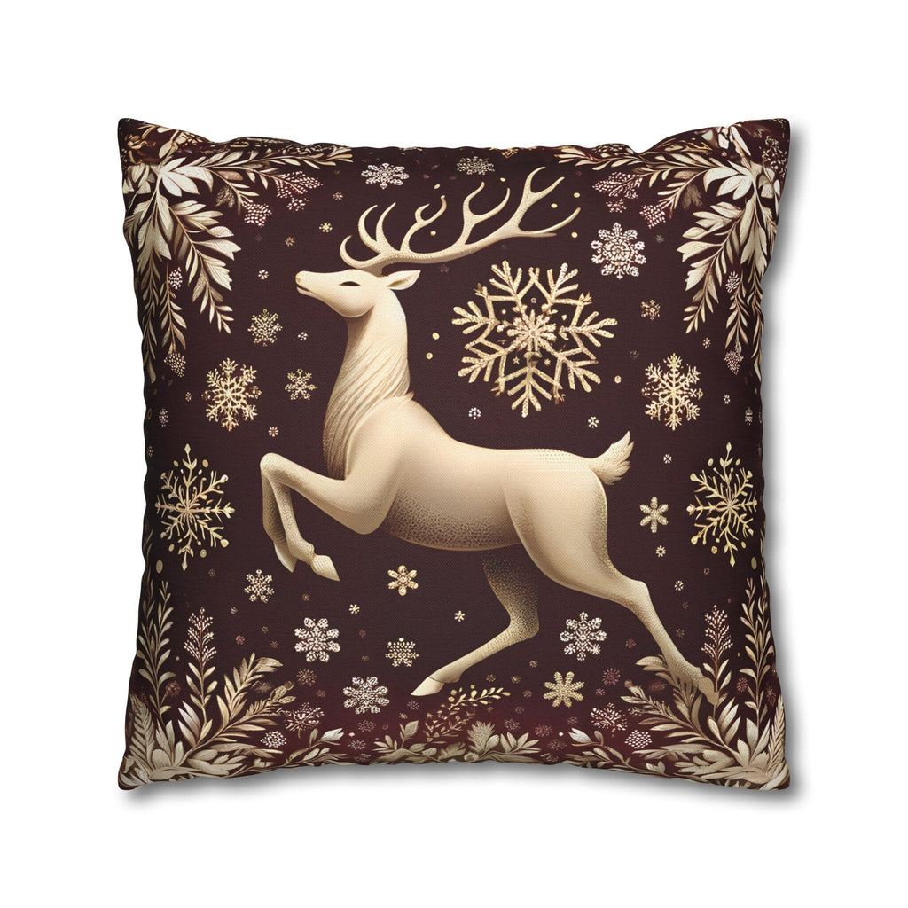 Regal Golden Reindeer Throw Pillow Cover: Burgundy & Gold Christmas Elegance