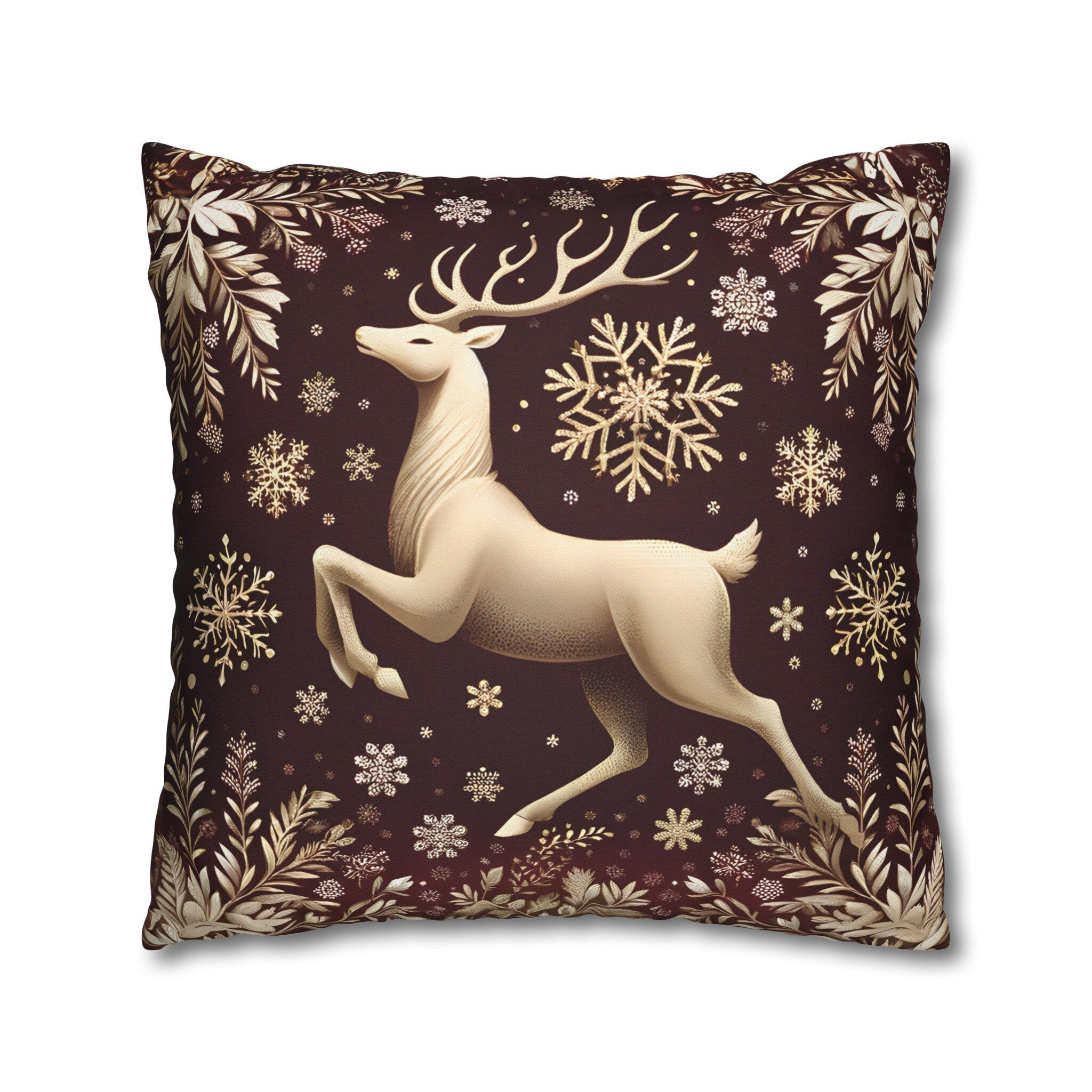 Regal Golden Reindeer Throw Pillow Cover: Burgundy & Gold Christmas Elegance