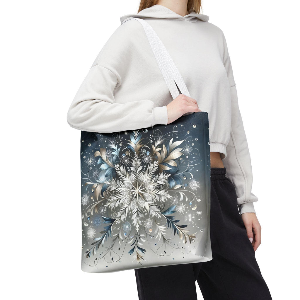 Elegant Snowflake Tote Bag, Silver & Blue Polyester Canvas