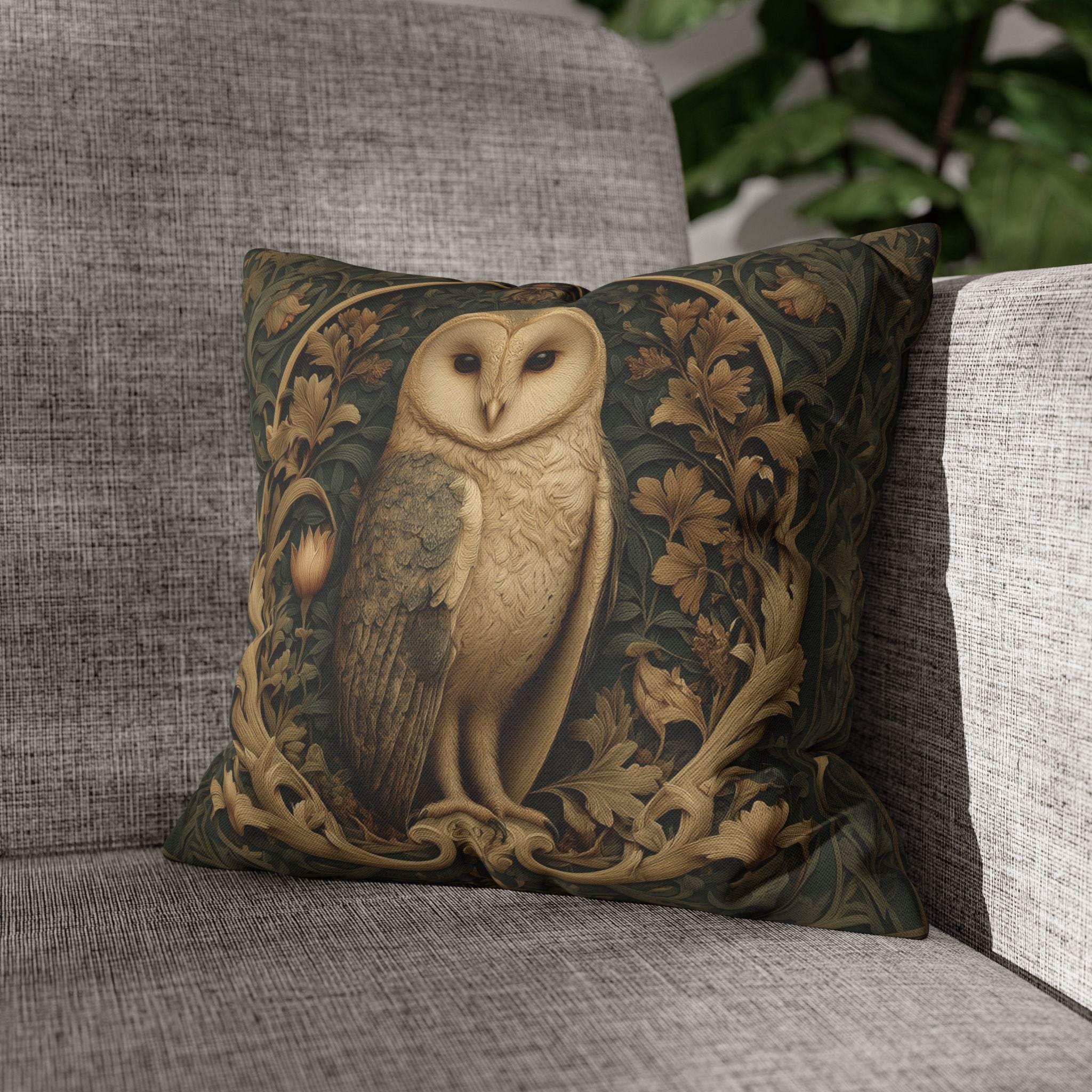 William Morris Style Pillow Cover: Woodland Owl in Moss Green & Antique Gold