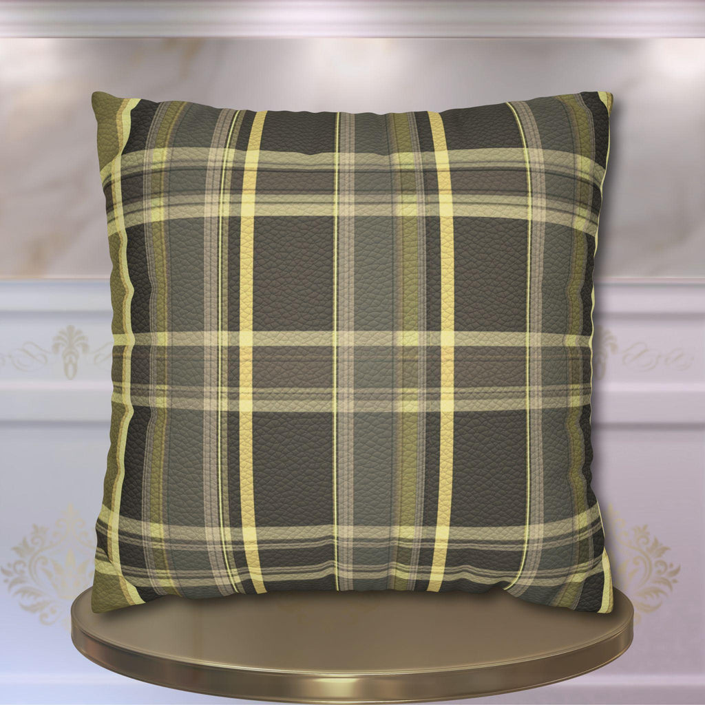 Vegan Faux Suede Material Printed Pillow Cover: Modern Olive & Golden Yellow Plaid Soft Leather-Look