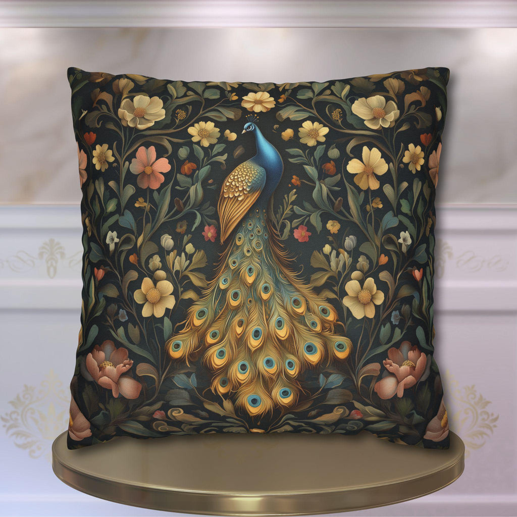 William Morris Inspired Peacock Pillow Cover: Teal-Blue Gold Floral, on a Charcoal Backdrop