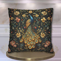 William Morris Inspired Peacock Pillow Cover: Teal-Blue Gold Floral, on a Charcoal Backdrop