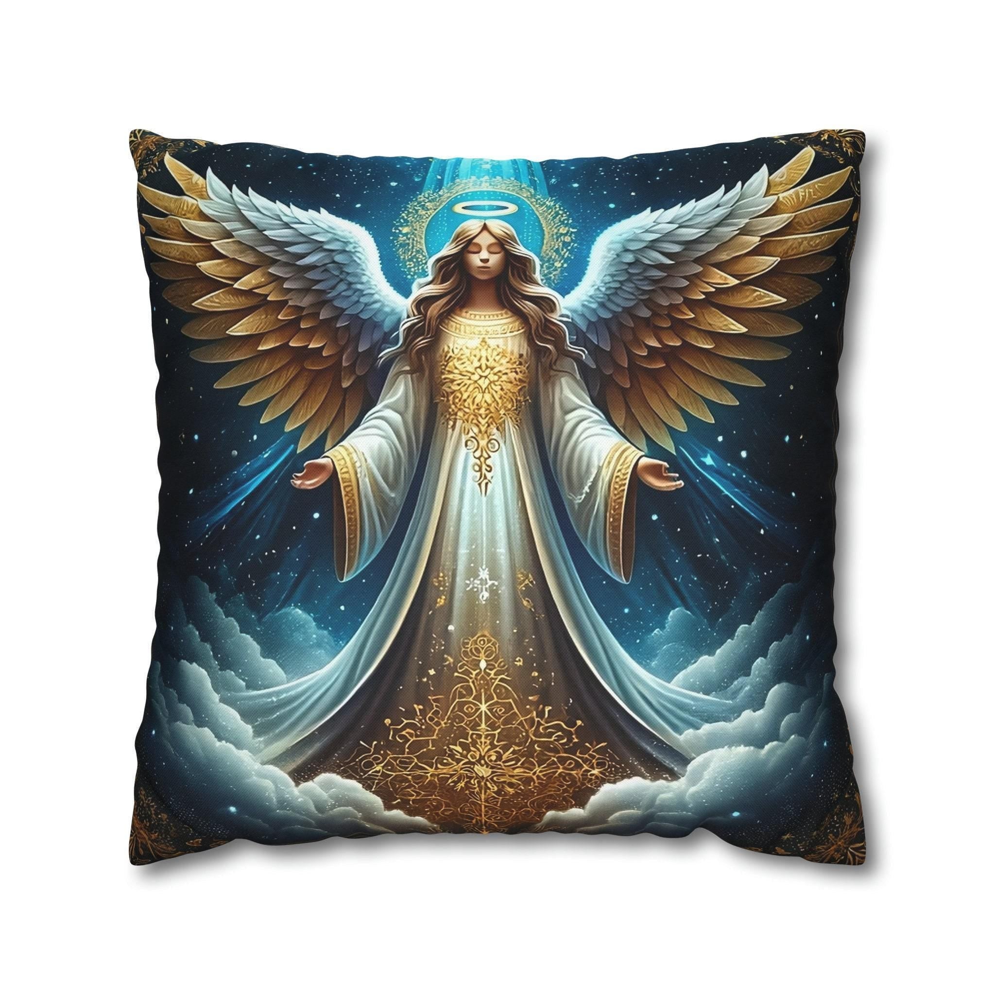 Angelic Christmas Pillow Cover: Golden Wings, Starlit Night Design