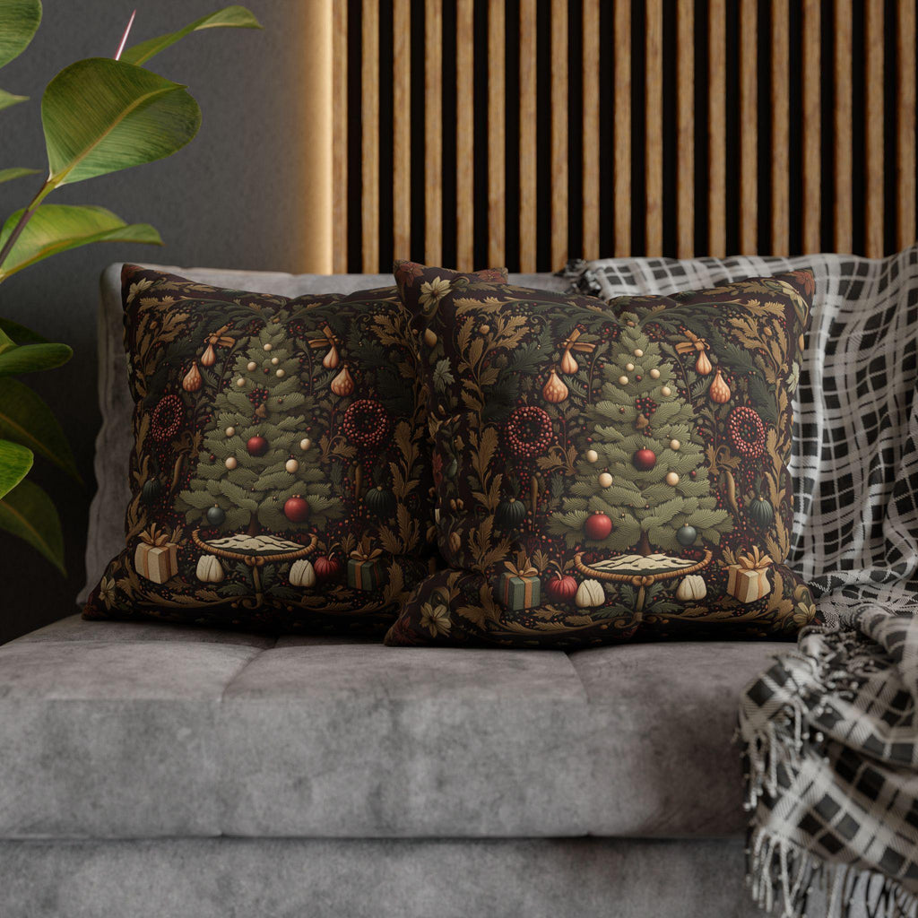 William Morris Christmas Tree Pillow Cover: Burgundy Holiday Tapestry Look