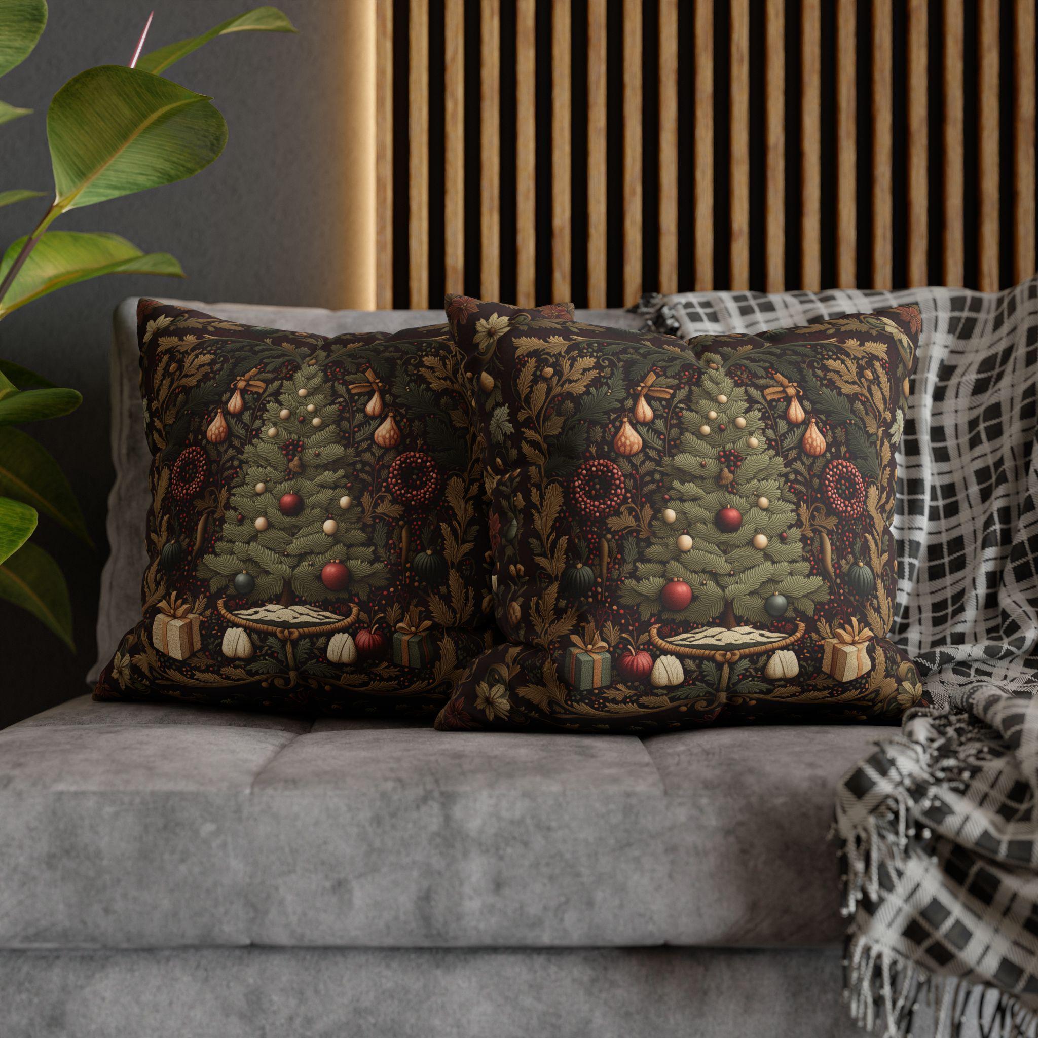 William Morris Christmas Tree Pillow Cover: Burgundy Holiday Tapestry Look