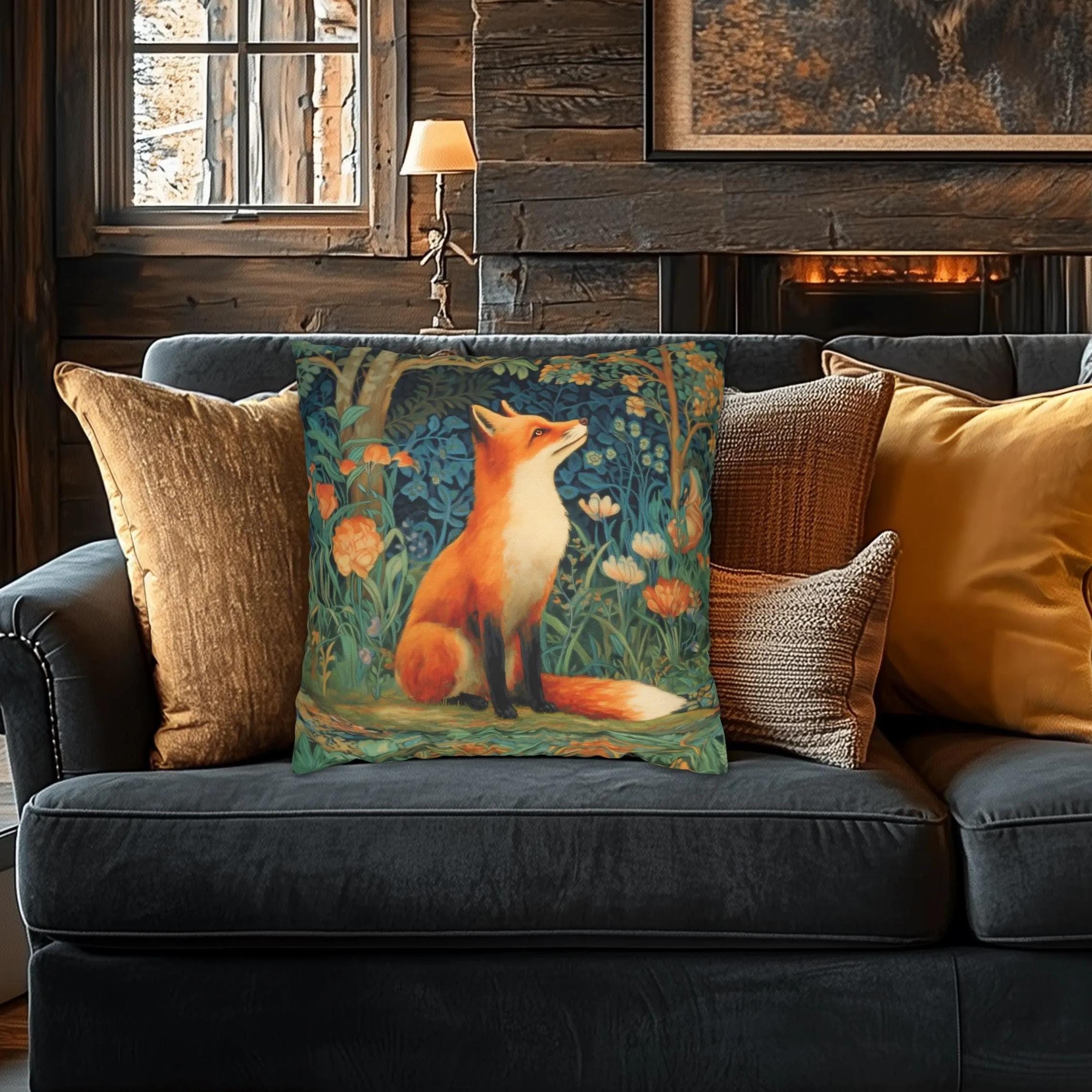 Morris-Inspired Red Fox Botanical Pillow Cover: Vintage Style Moody Woodland Blooms