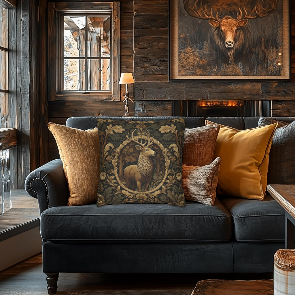 William Morris Inspired Noble Stag Pillow Cover: Botanical Woodland Design