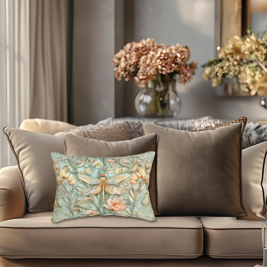 William Morris Inspired Dragonfly Lumbar Pillow: Blue, Gold & Pink Nature Design