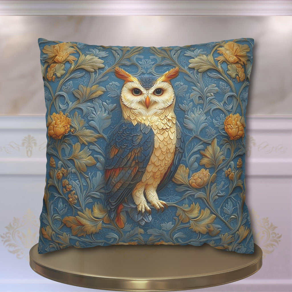 William Morris Style Throw Pillow Cover: Blue and Gold Owl Design