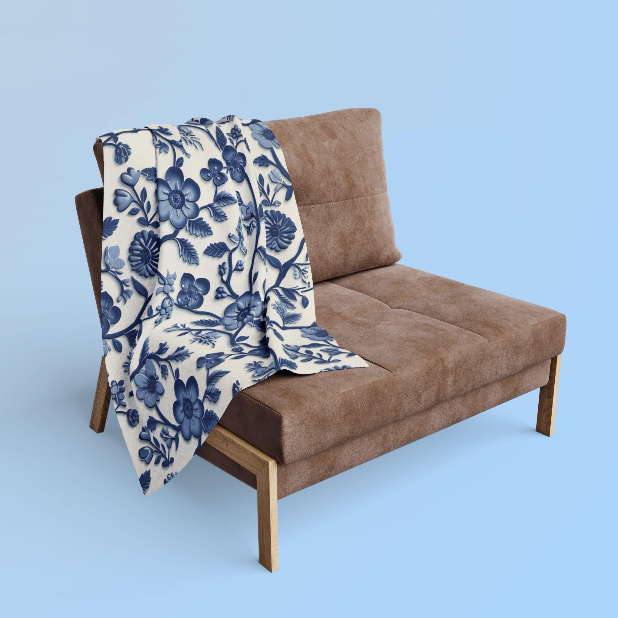 Chinoiserie Fleece Blanket: Blue and White Floral Pottery Pattern