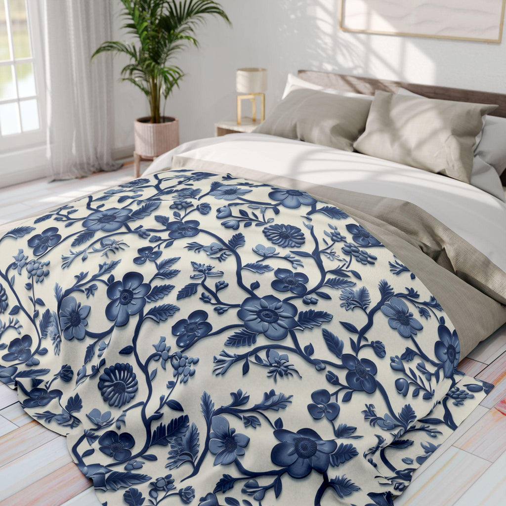 Chinoiserie Fleece Blanket: Blue and White Floral Pottery Pattern