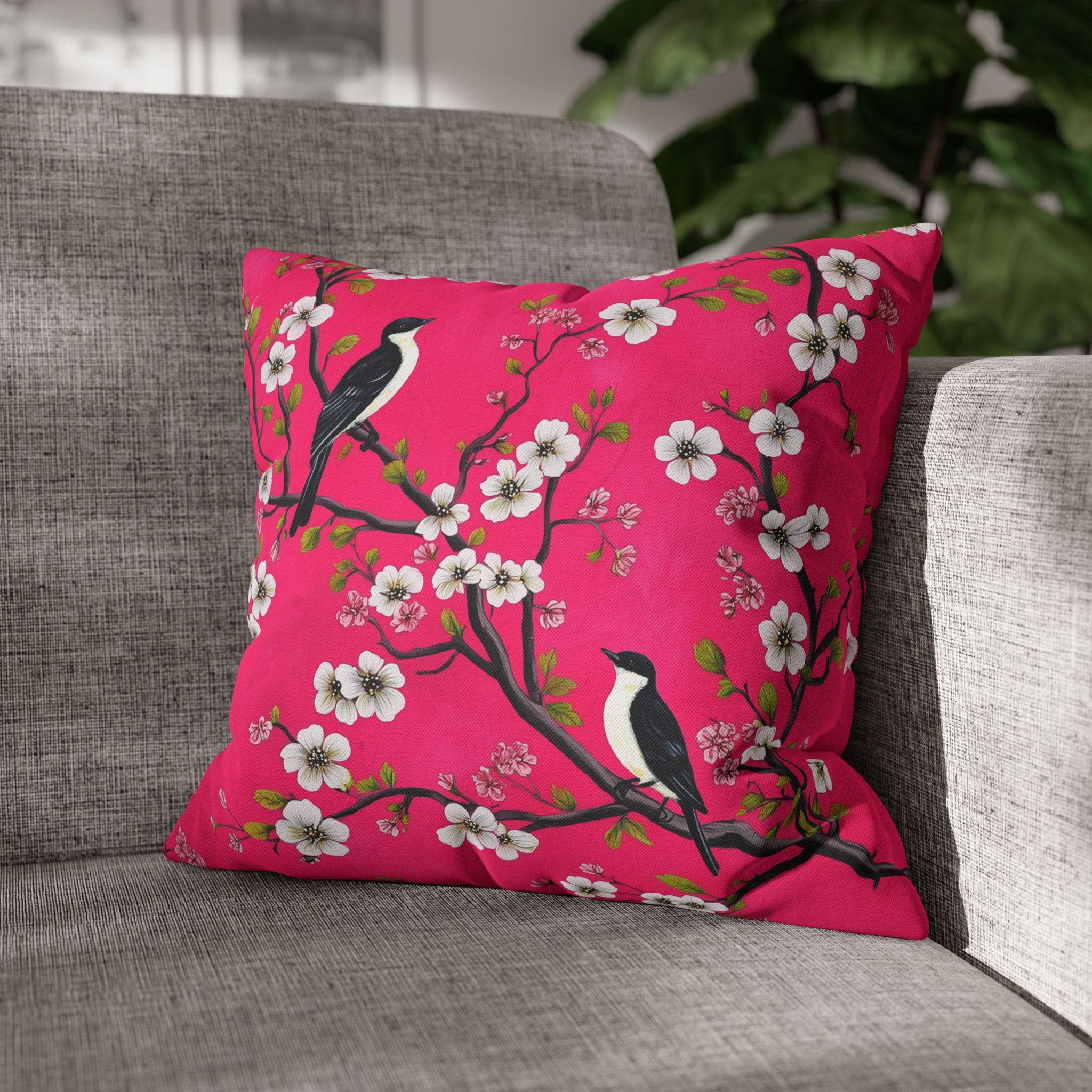 Chinoiserie Magenta Bird Pillow Cover: Vibrant Botanical Accent for Eclectic Decor