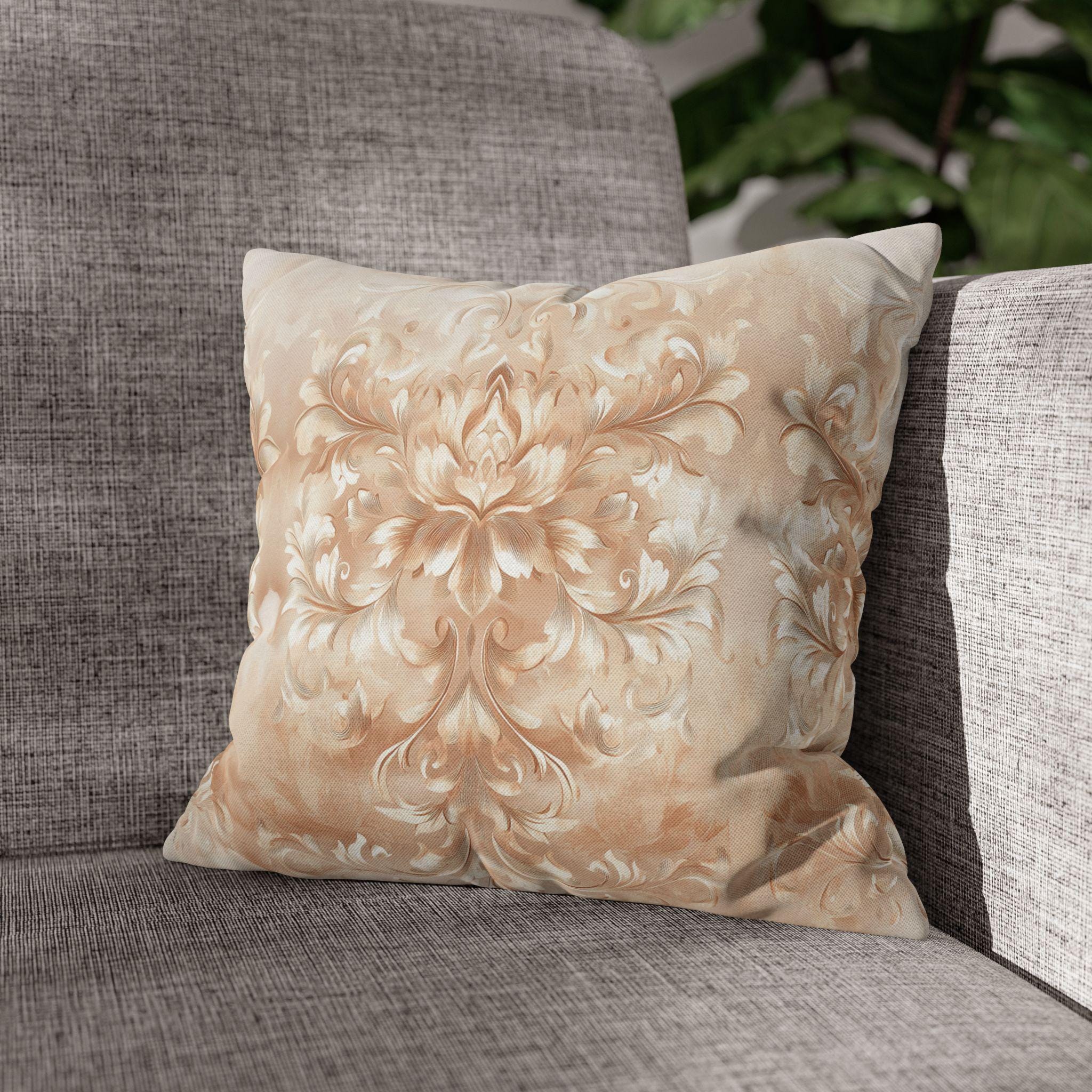 Damask Floral Pillow Cover: Beige Cream Caramel Spun Polyester
