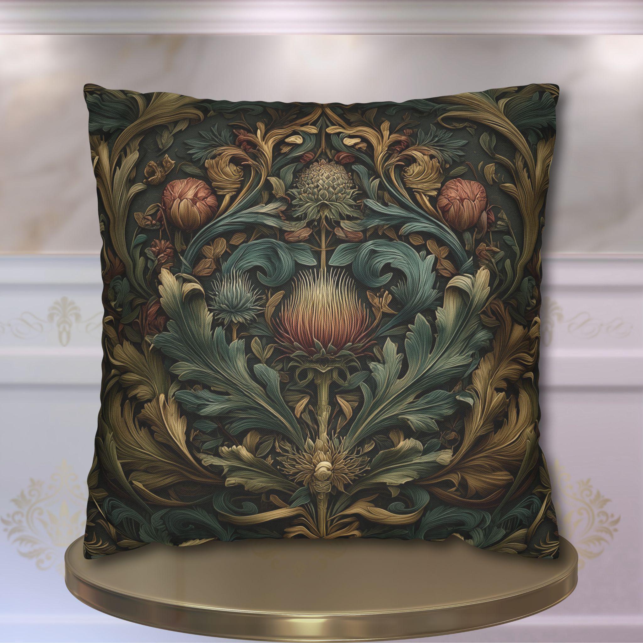 Midnight Morris Pillow Cover: Arts and Crafts Moody Blooms for Autumn
