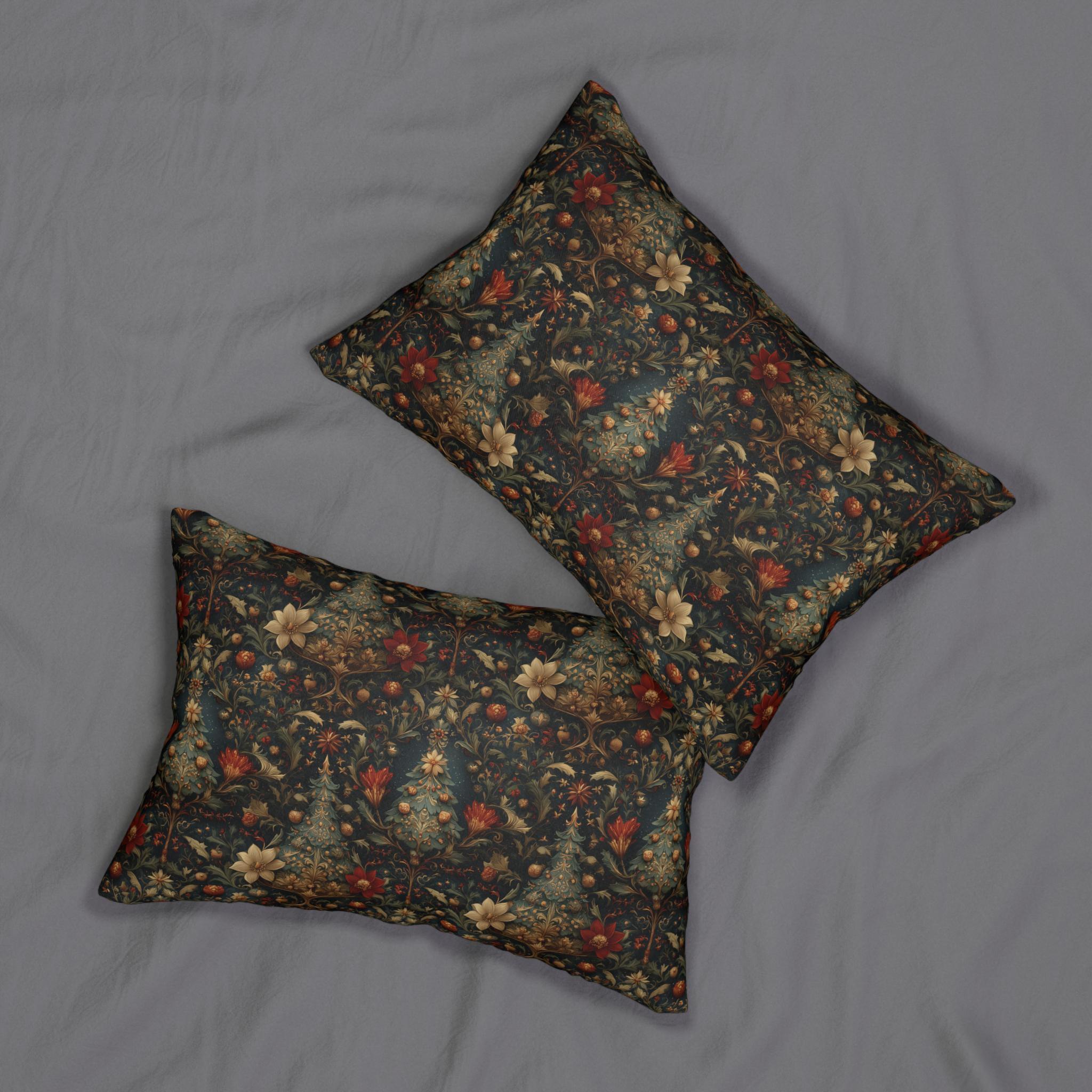 William Morris Christmas Lumbar Pillow: Vintage Style Floral Tree Pattern Dark Holiday Decor Accent