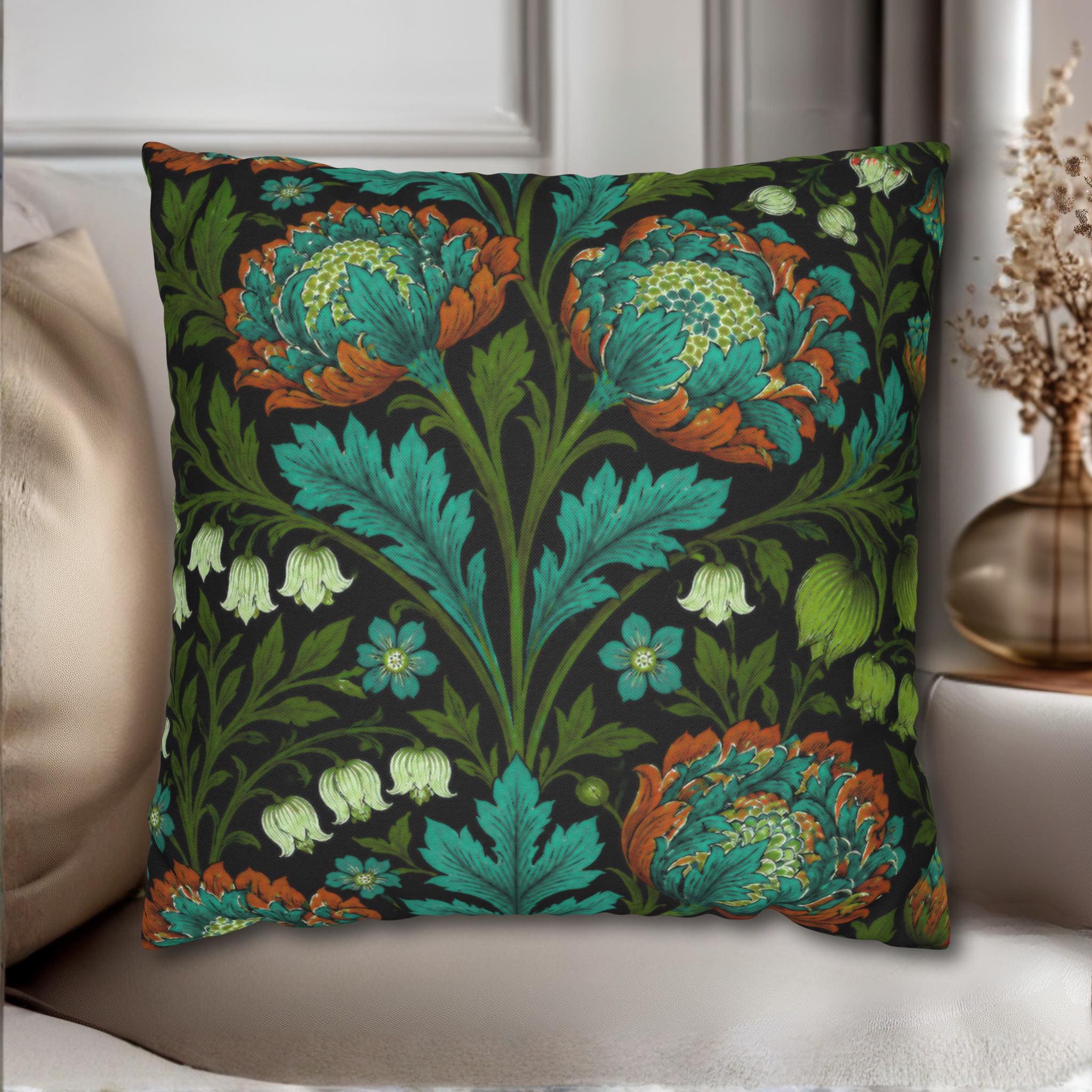 William Morris Style Throw Pillow Cover: Moody Teal Blue, Burnt Orange, & Deep Olive