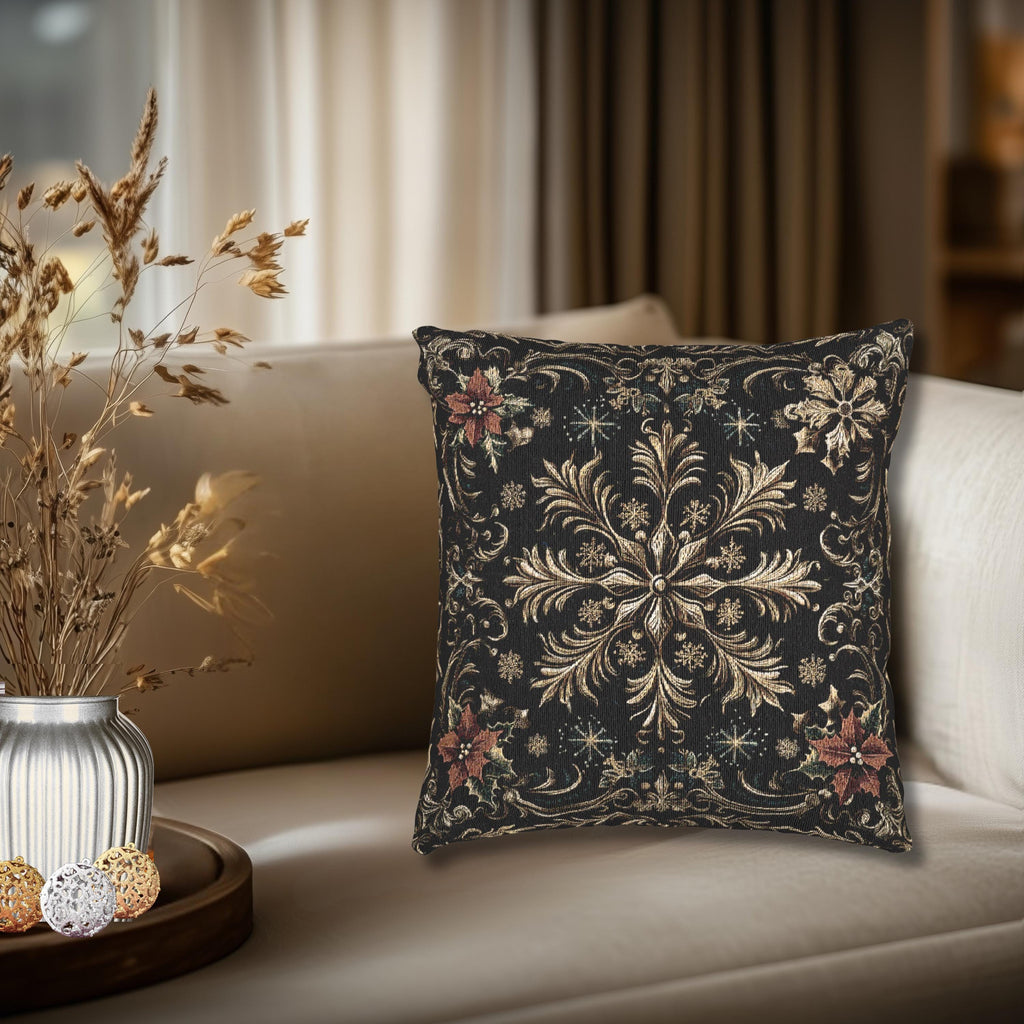 Christmas Woven Throw Pillow, Ivory Gold Snowflakes and Red Poinsettias on Deep Charcoal