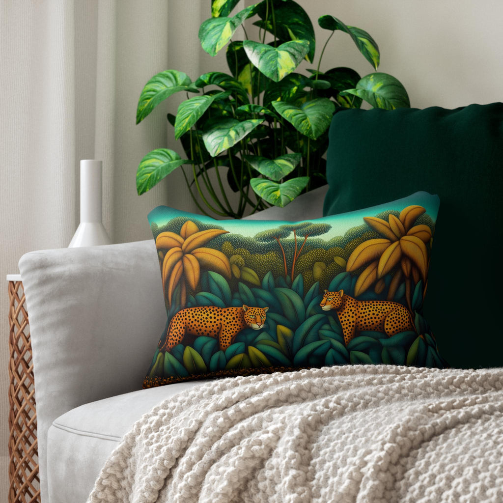 Jaguar Jungle Safari Lumbar Pillow: Tropical Botanical Animal Decor