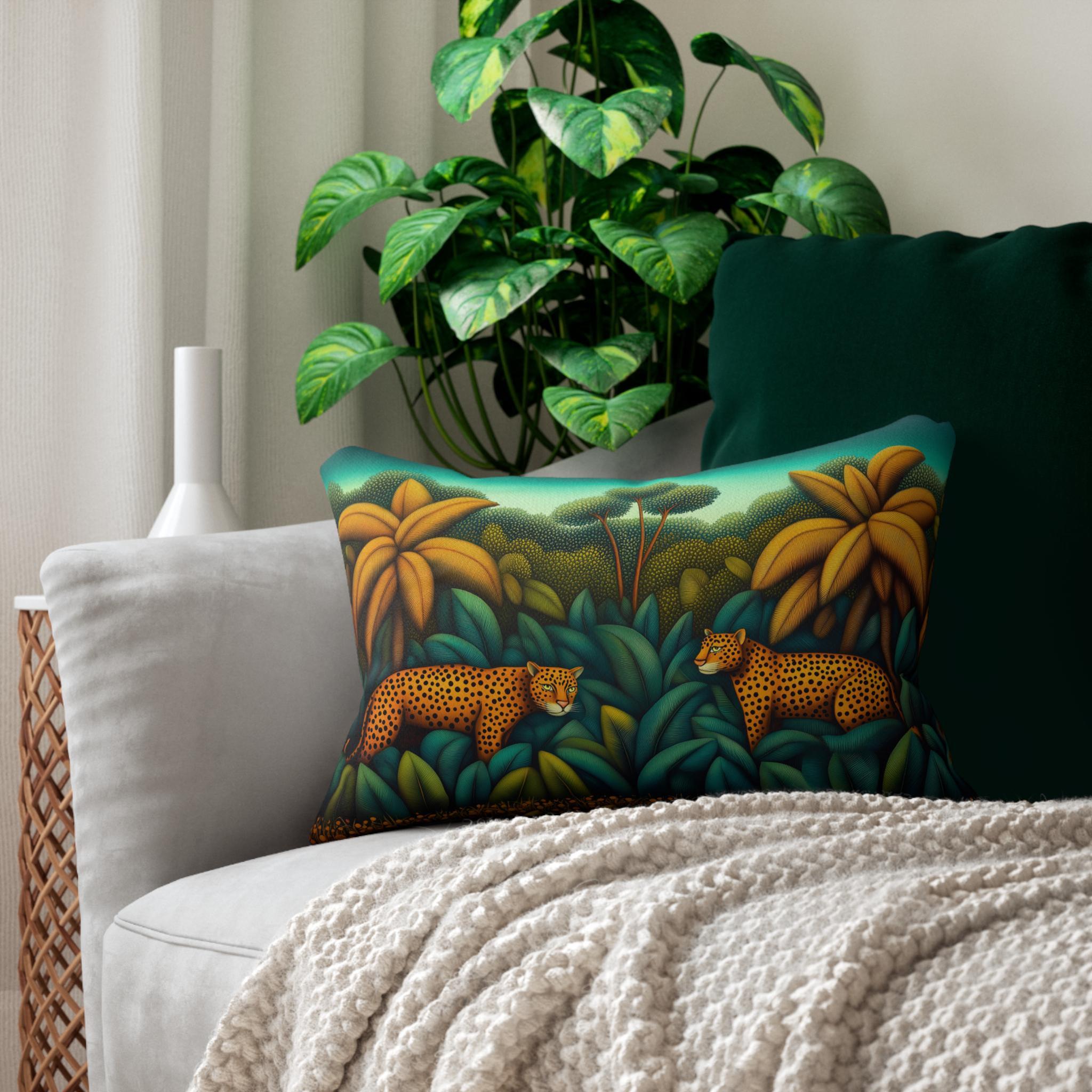 Jaguar Jungle Safari Lumbar Pillow: Tropical Botanical Animal Decor